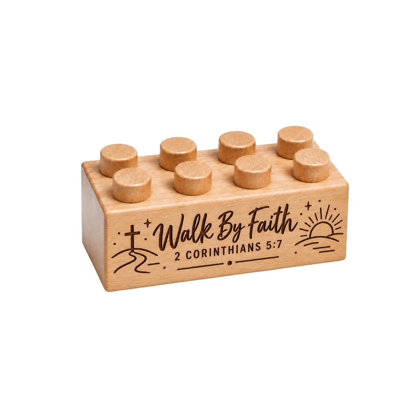 Wooden brick engraved with Walk by Faith and 2 Corinthians 5:7, with a cross, path, and sunrise.