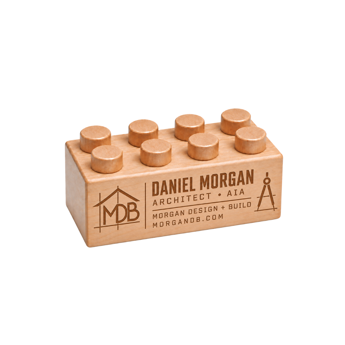 Engraved wooden business card with professional details and contact information.