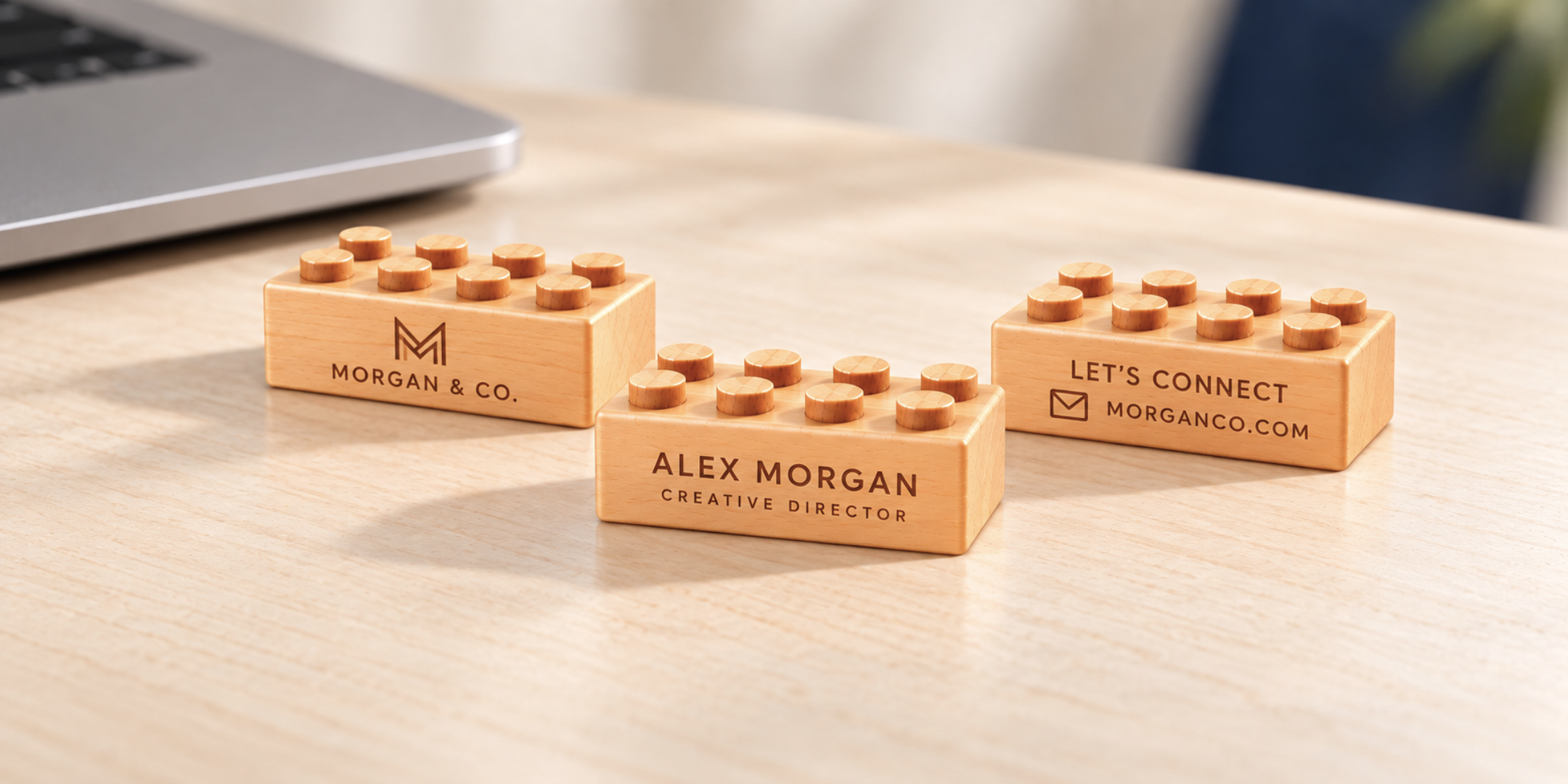 Three wooden brick business cards engraved with a company logo, a creative director's name, and a website, displayed on a desk beside a laptop.
