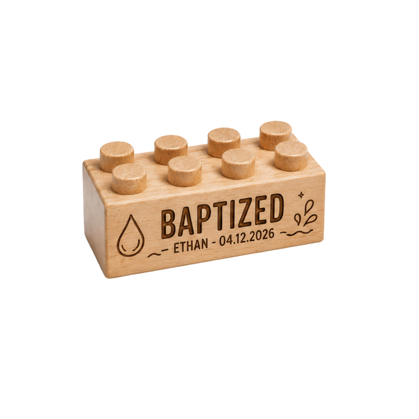 Wooden brick engraved with Baptized, Ethan, and 04.12.2026, with a water droplet and wave details.