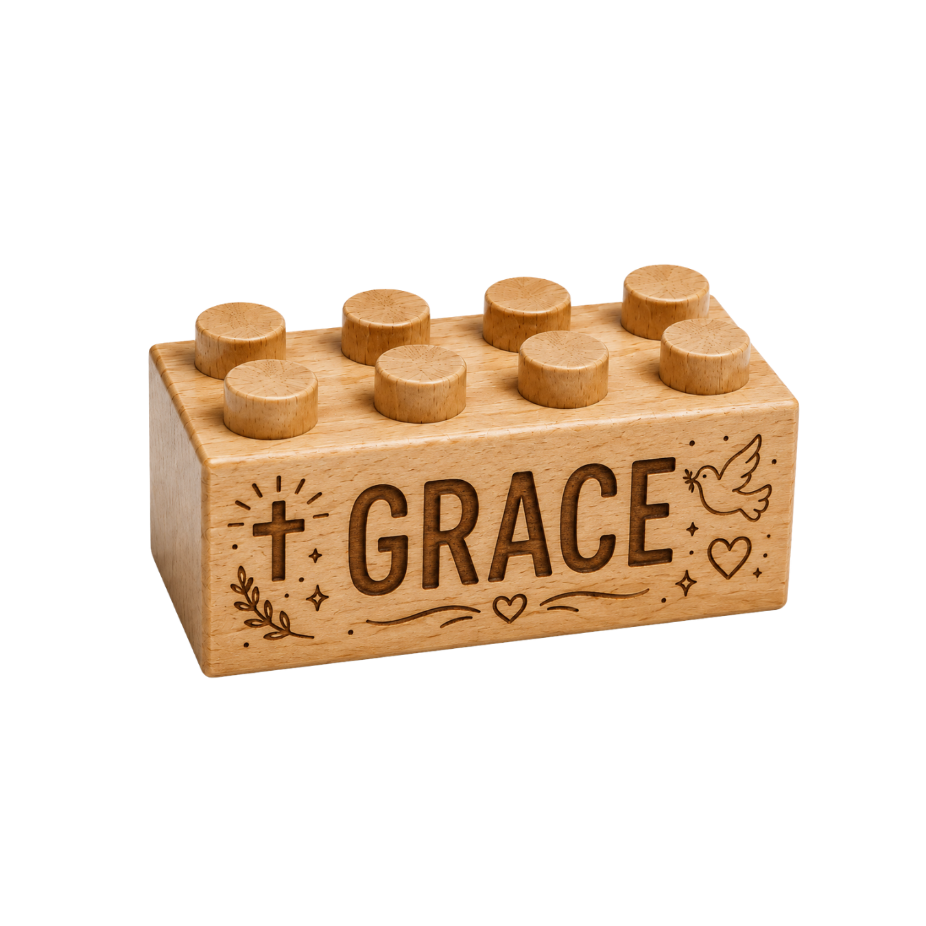 Wooden brick engraved with Grace, with a cross, dove, hearts, and a leafy sprig.