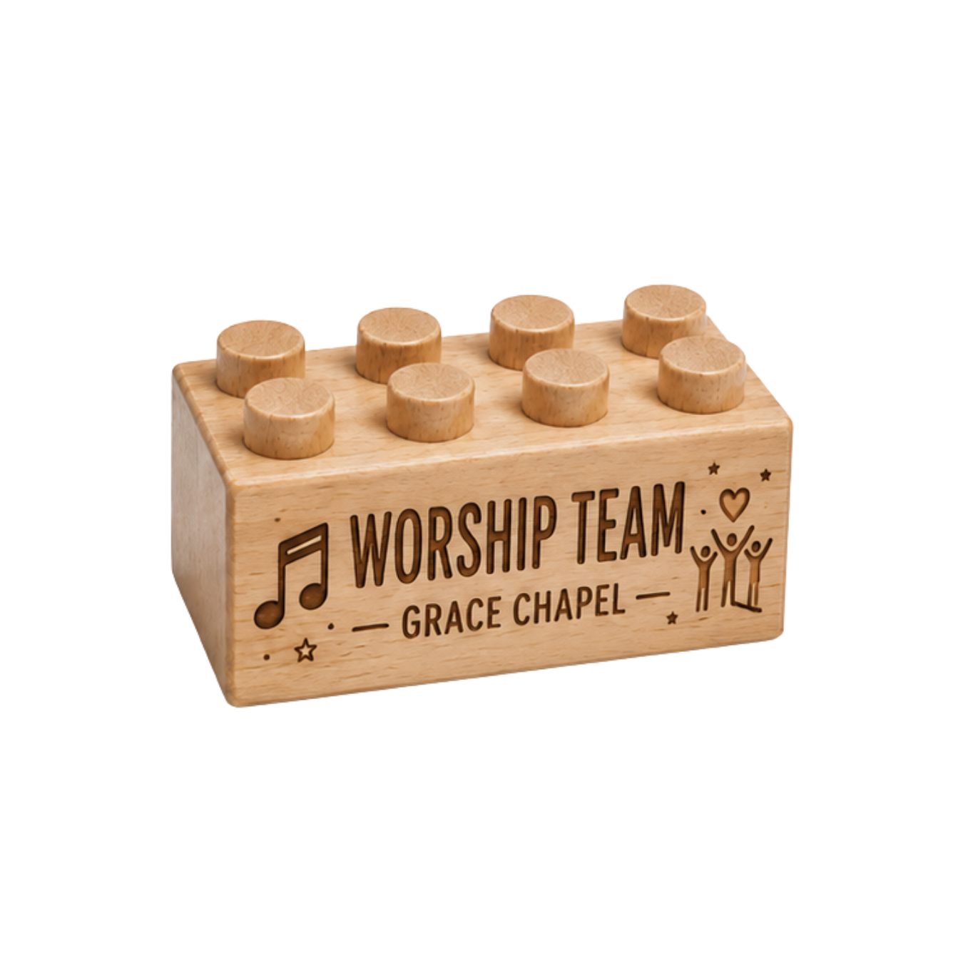Wooden brick engraved with Worship Team and Grace Chapel, with a music note and worship-themed artwork.