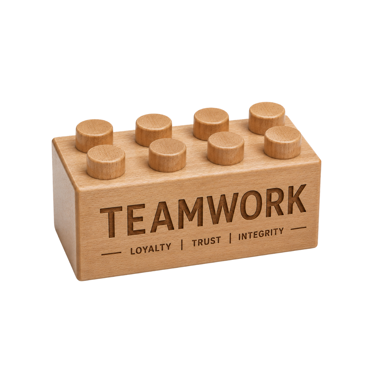 Custom wooden brick engraving example for corporate gifts and trade shows