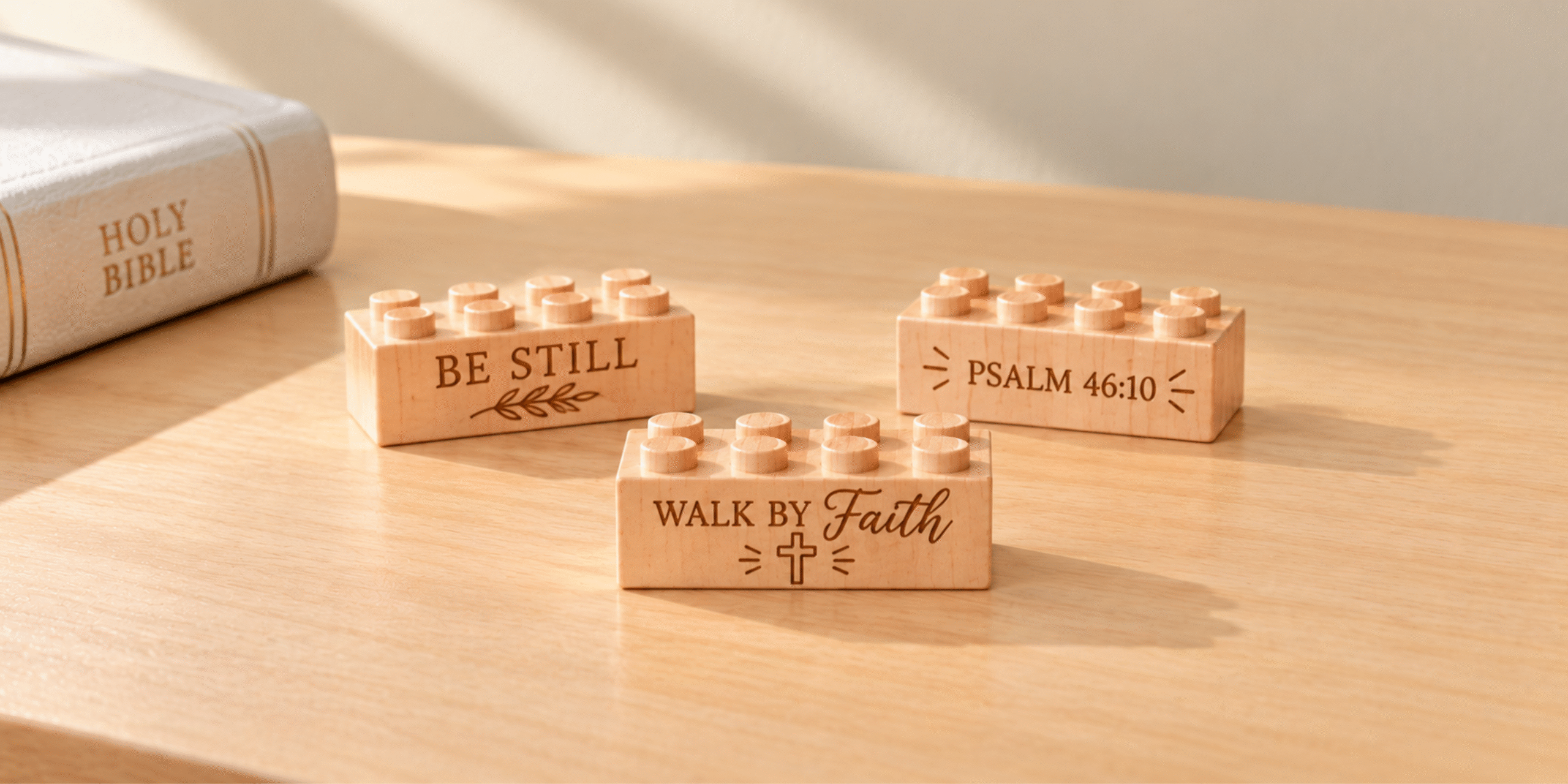Three wooden bricks engraved with Be Still, Psalm 46:10, and Walk by Faith on a sunlit table beside a Bible.