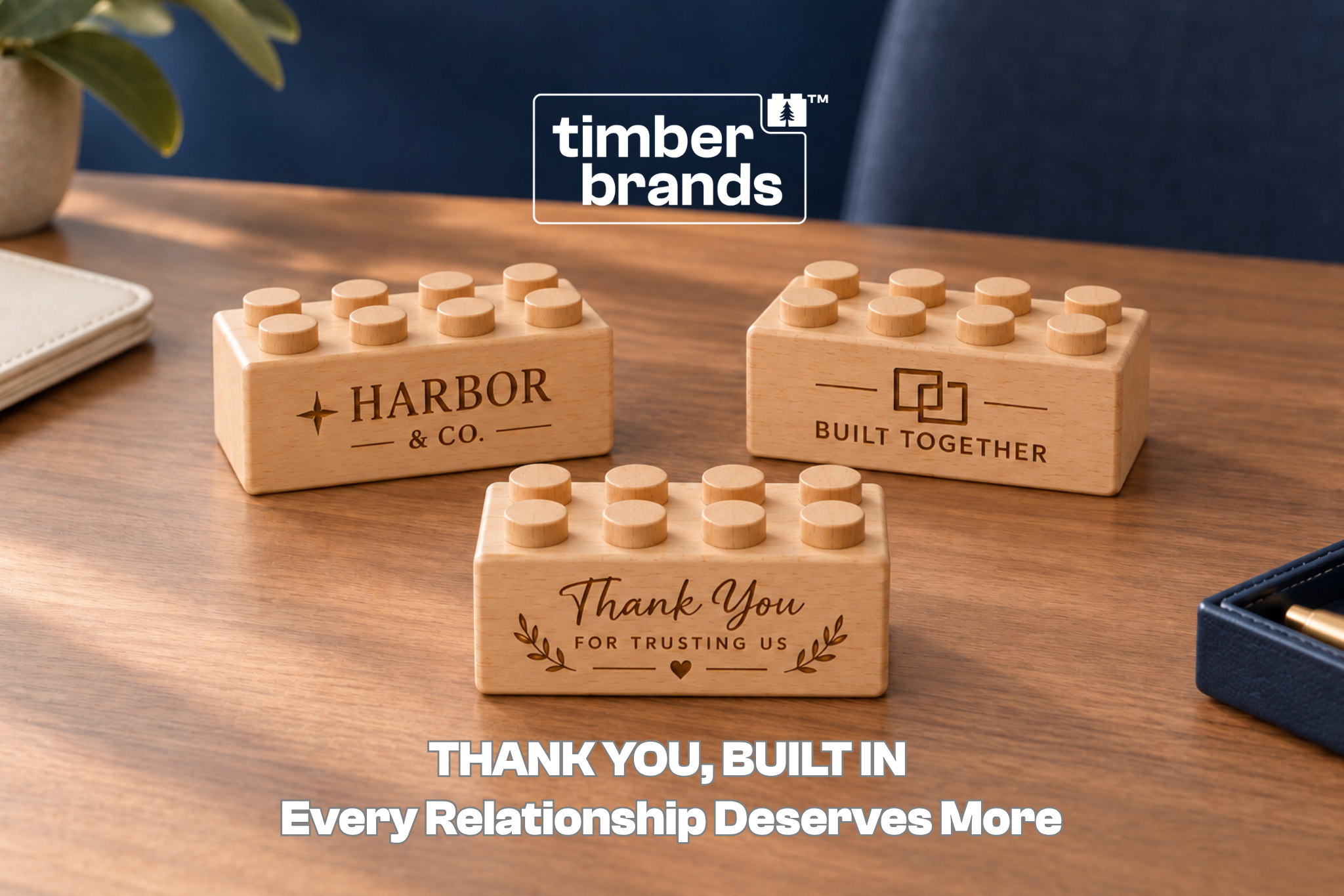Engraved wooden bricks reading "Harbor & Co.," "Built Together," and "Thank You for Trusting Us" for client appreciation gifts.