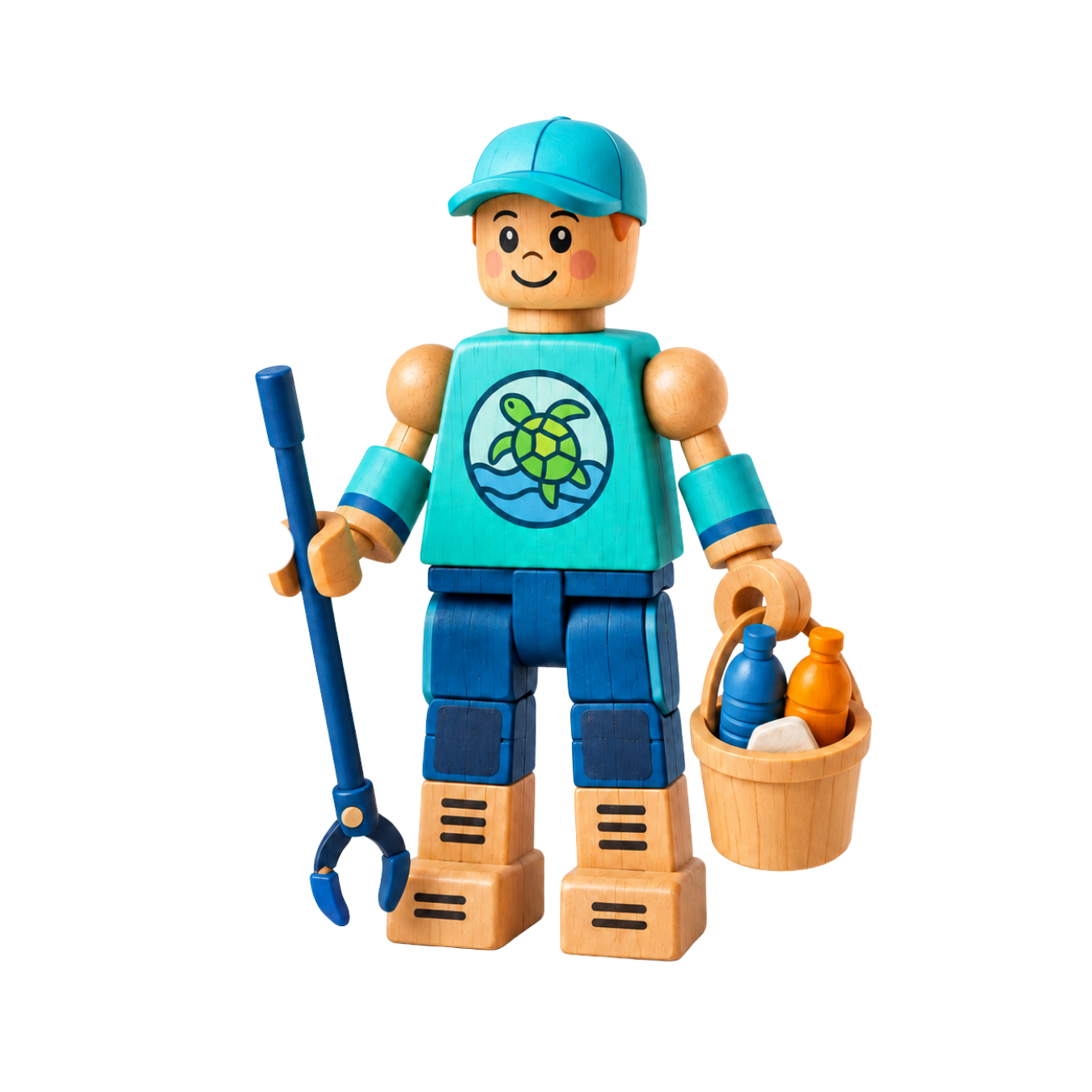 Cove, a wooden beach cleanup character wearing a blue cap and a teal shirt with a sea turtle design.