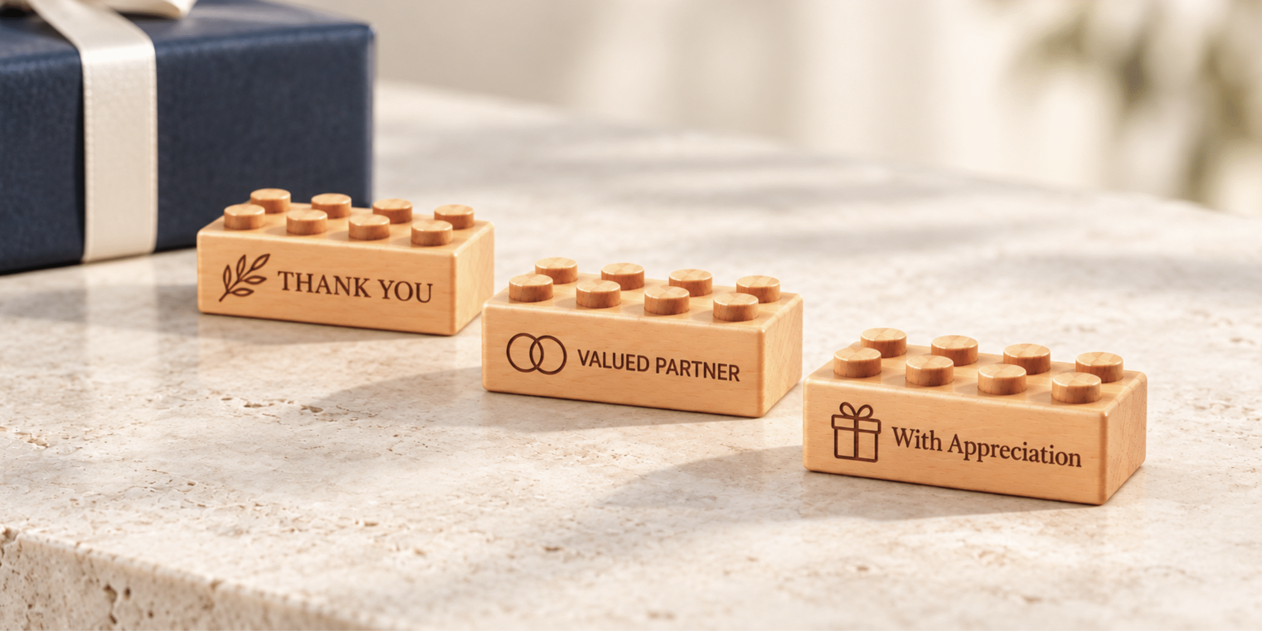 Three wooden bricks engraved with Thank You, Valued Partner, and With Appreciation beside a navy gift box.