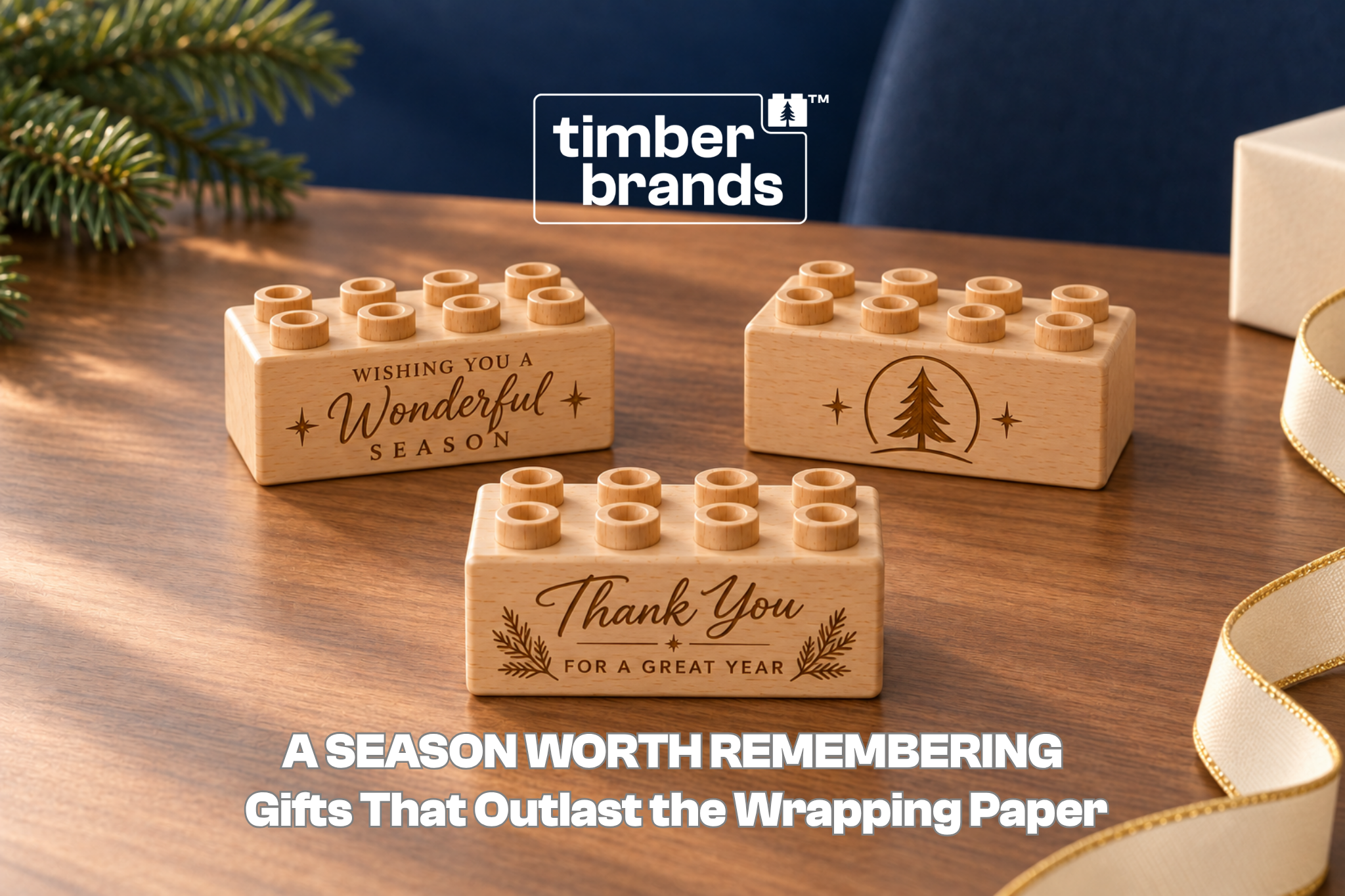 Engraved wooden bricks reading "Wishing You a Wonderful Season," a pine tree icon, and "Thank You for a Great Year" for corporate holiday gifts.
