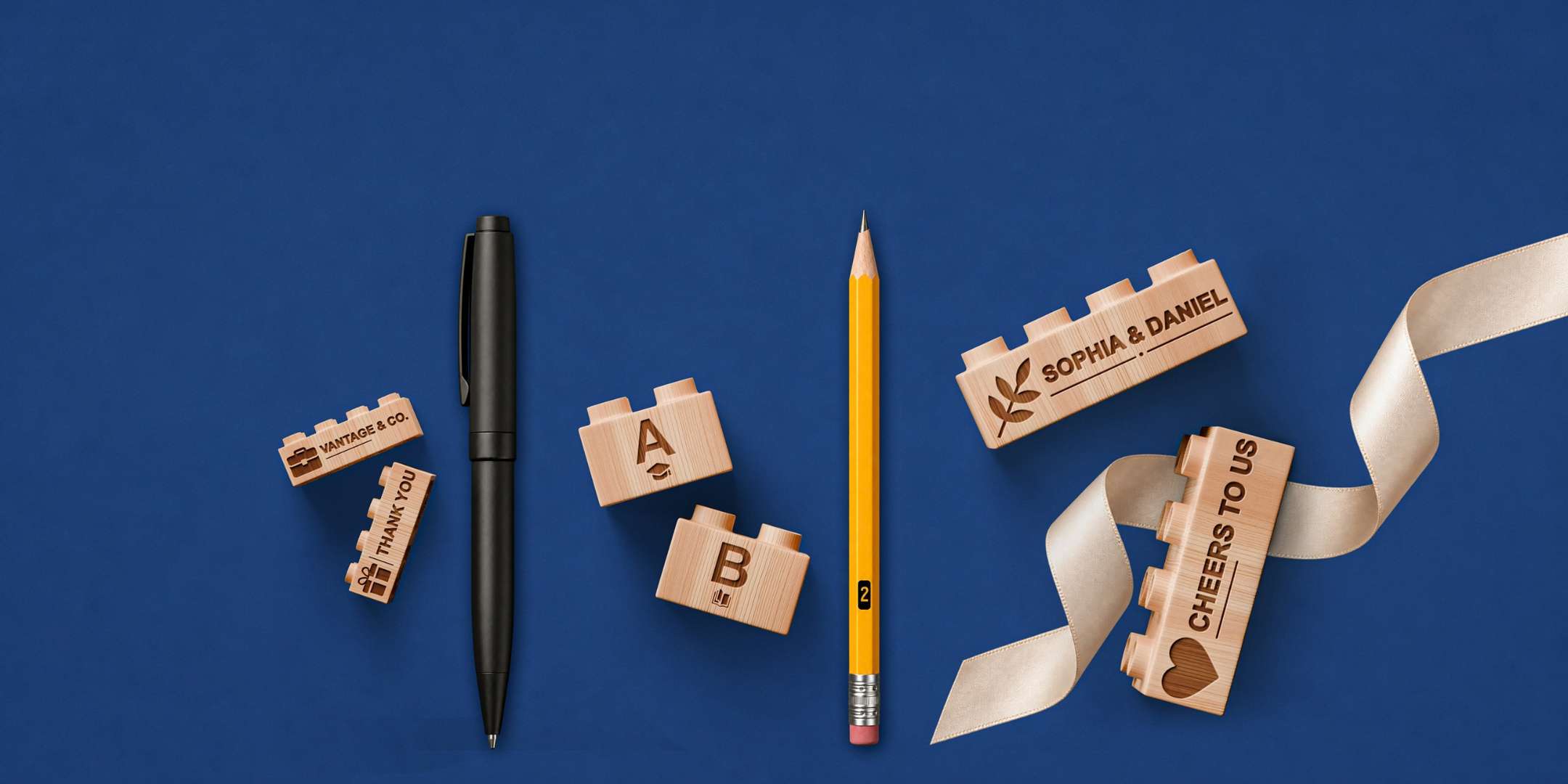 Custom wooden bricks with business branding, letters, and celebration designs.