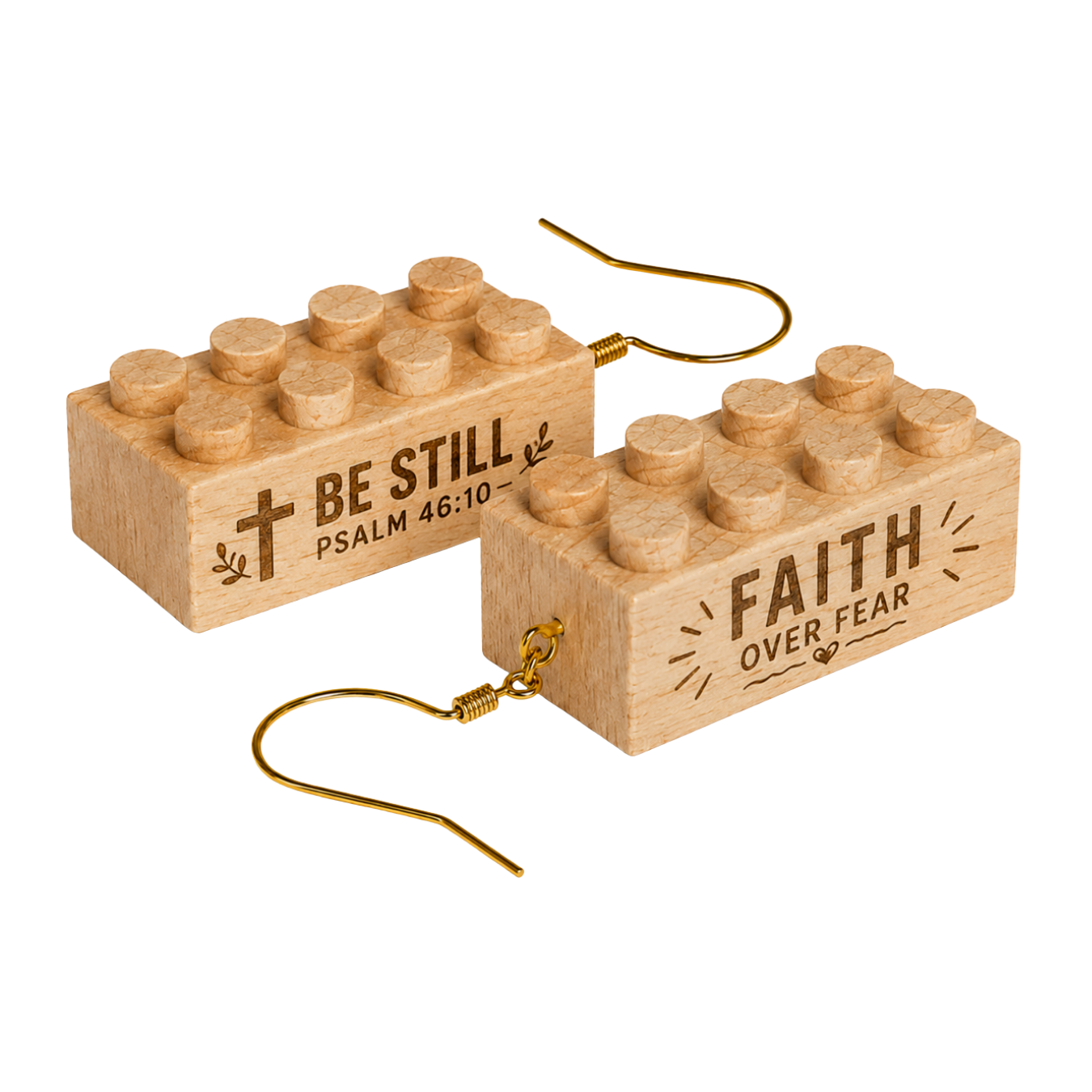 Two wooden brick earrings with gold-colored hooks, engraved with Be Still, Psalm 46:10, and Faith Over Fear.
