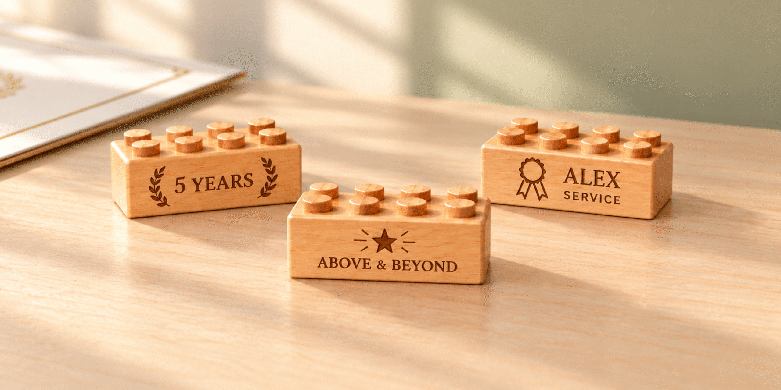 Three wooden employee recognition bricks engraved with a five-year milestone, Above and Beyond, and a personalized service award on a desk.
