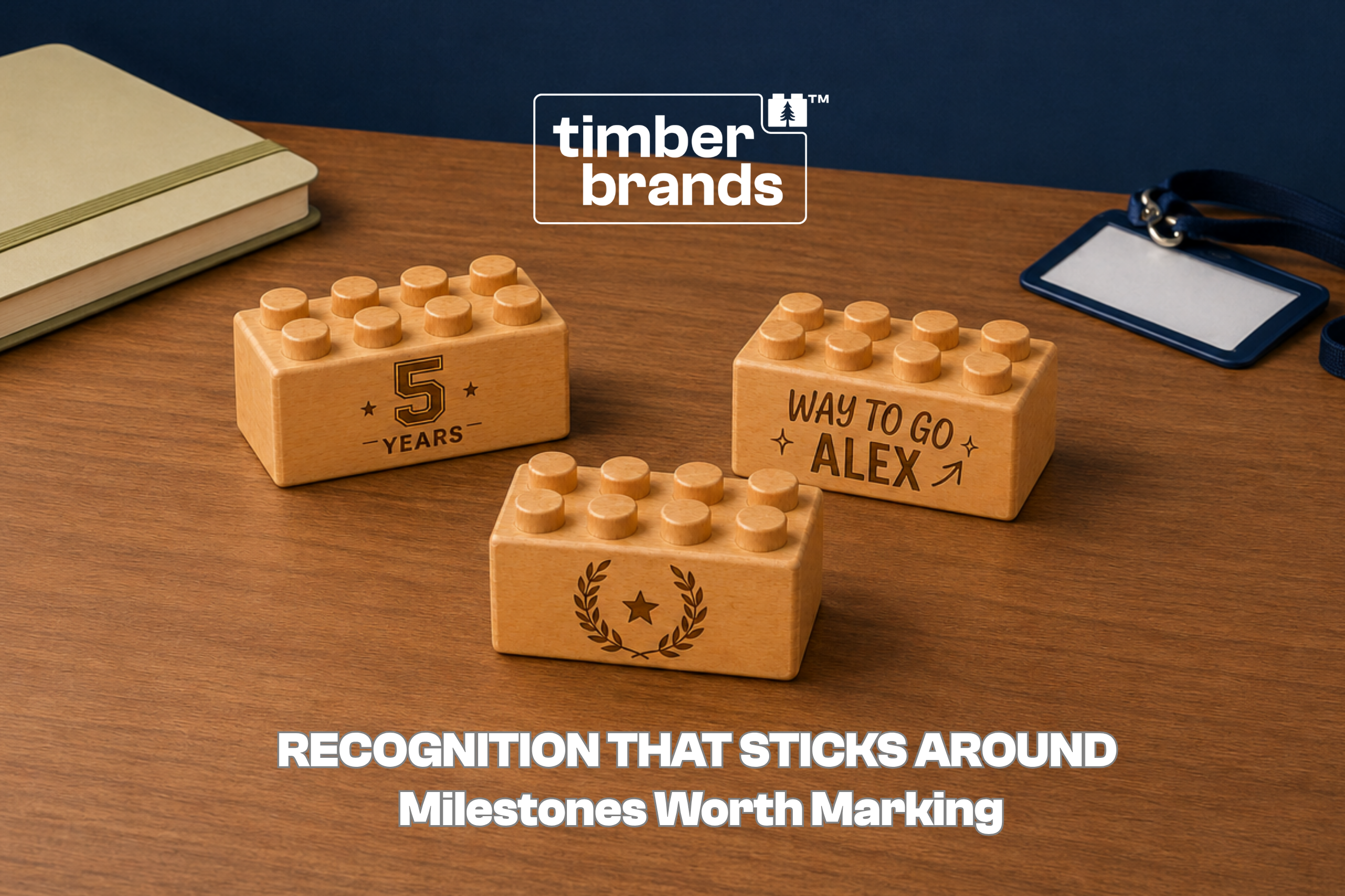 Engraved wooden bricks reading "5 Years," "Way to Go Alex," and a laurel wreath with star for employee recognition and workplace milestone gifts.