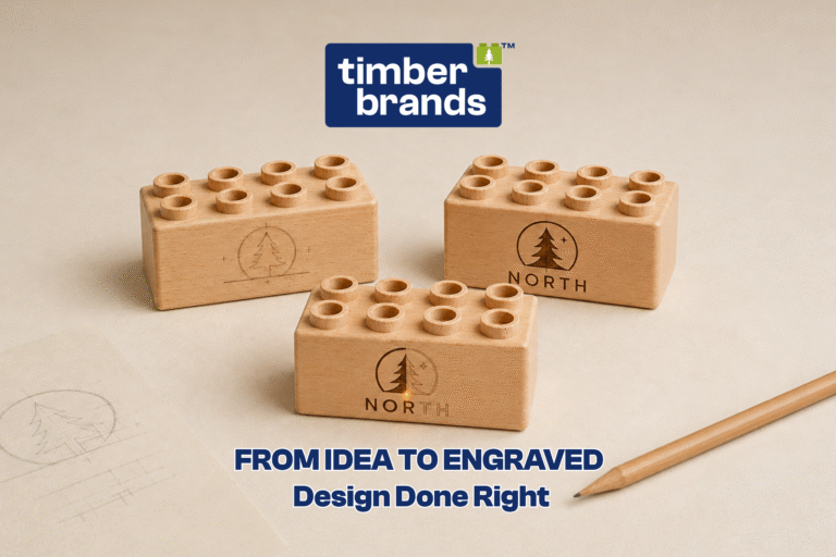Engraved wooden bricks showing a pine tree logo sketch progressing to a finished "North" brand logo engraving, illustrating the custom design process.