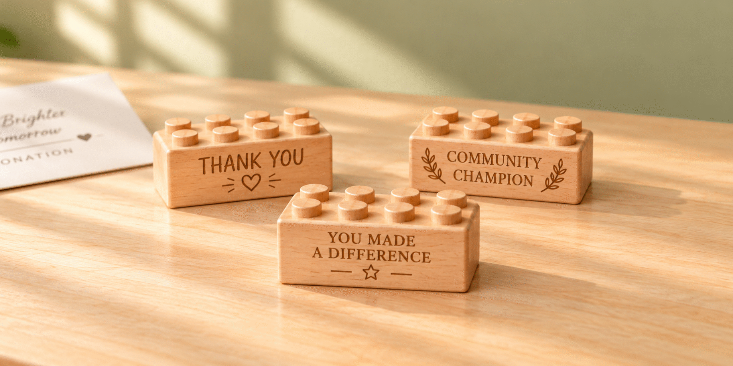 Three wooden bricks engraved with Thank You, Community Champion, and You Made a Difference on a sunlit wooden table.