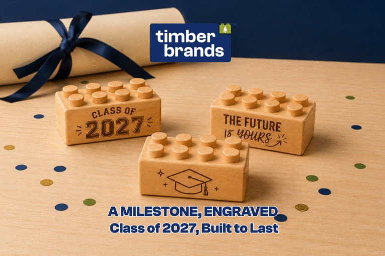 Engraved wooden bricks reading "Class of 2027," "The Future Is Yours," and a graduation cap icon for graduation gift ideas.
