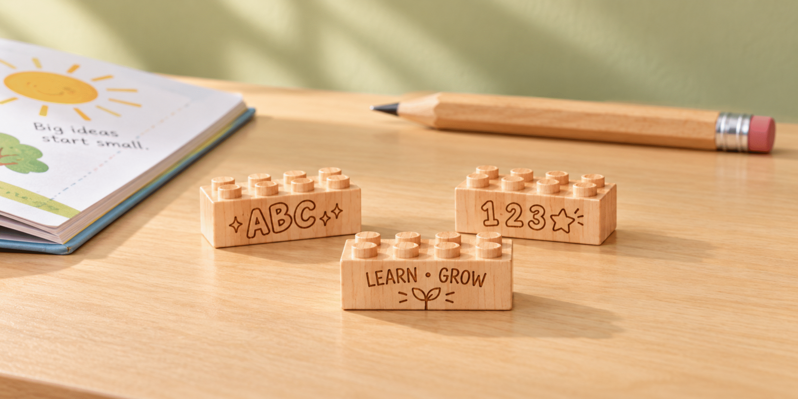 Three wooden bricks engraved with ABC, 123, and Learn Grow on a table beside a children's book and pencil.