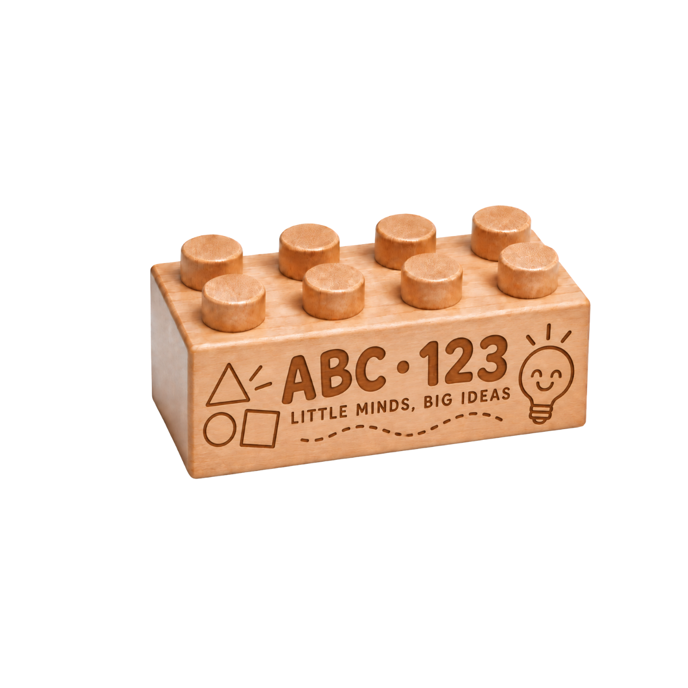 Wooden brick engraved with ABC 123 and Little Minds, Big Ideas, with shapes and a smiling light bulb.