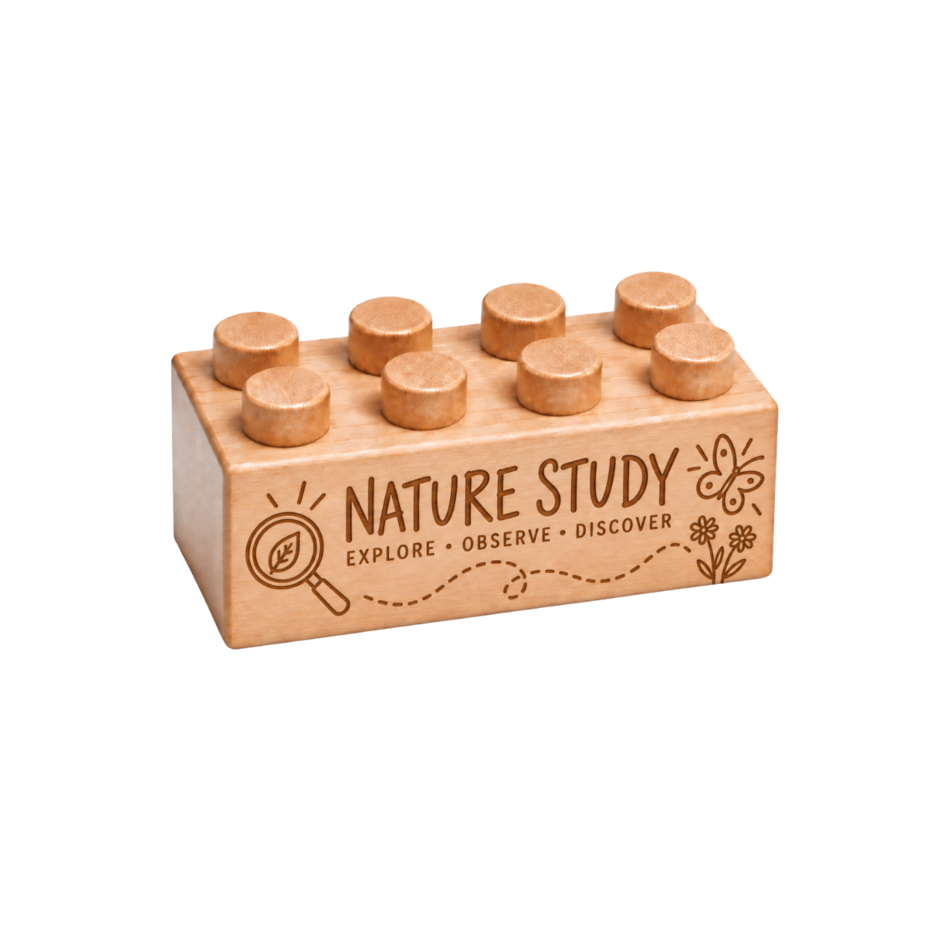 Wooden brick engraved with Nature Study and Explore Observe Discover, with a magnifying glass, butterfly, and flowers.