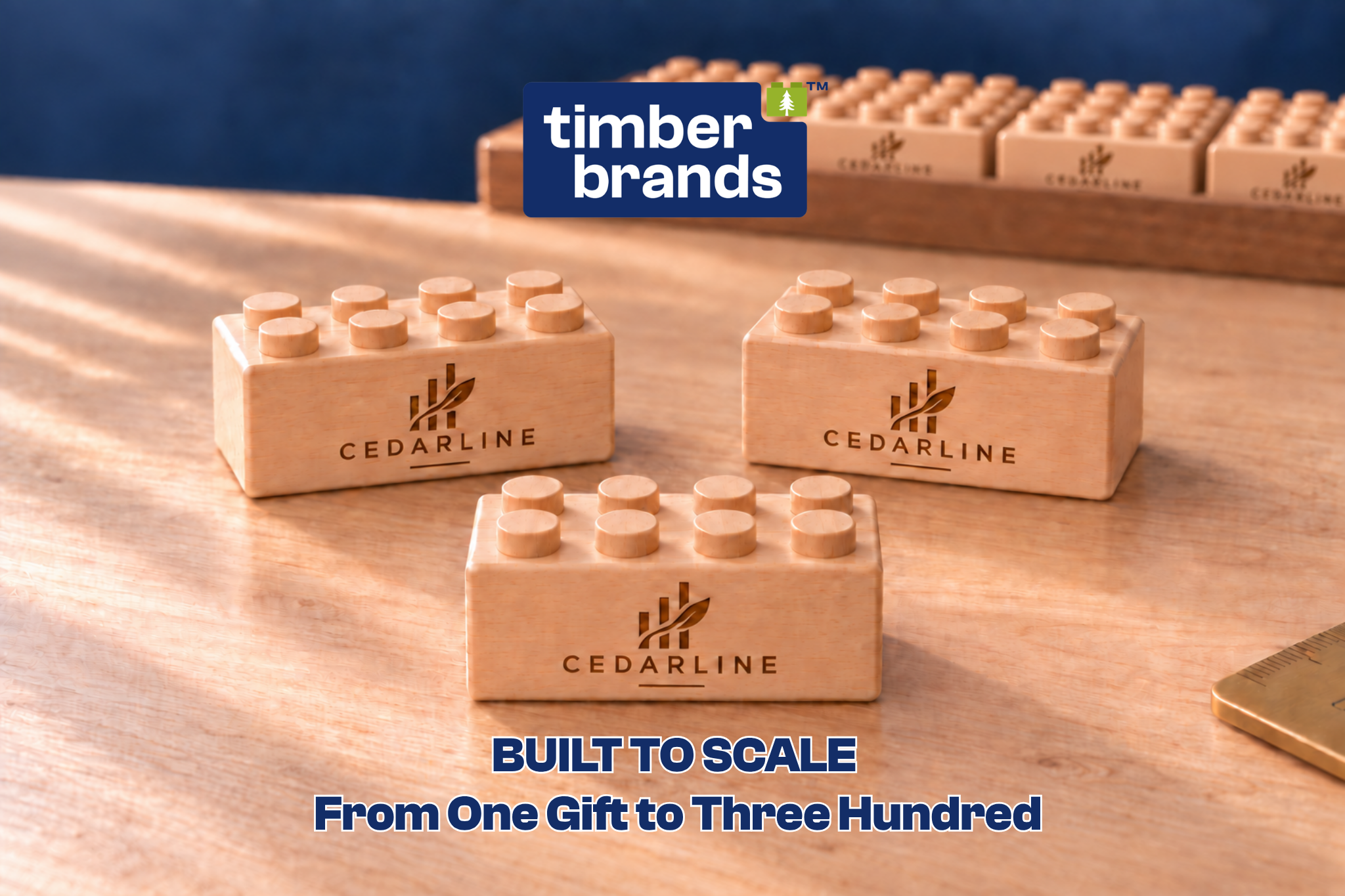 A row of engraved wooden bricks reading "Cedarline" with a logo, shown individually and lined up in bulk for a corporate order.