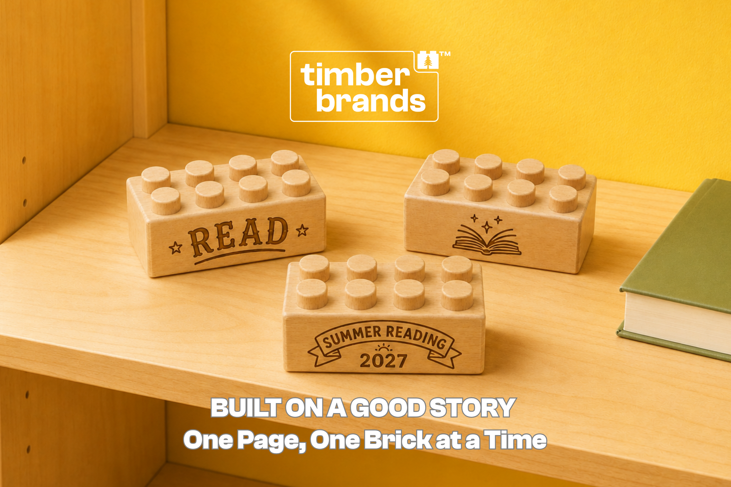 Engraved wooden bricks reading "Read," an open book icon, and "Summer Reading 2027" for library program ideas.
