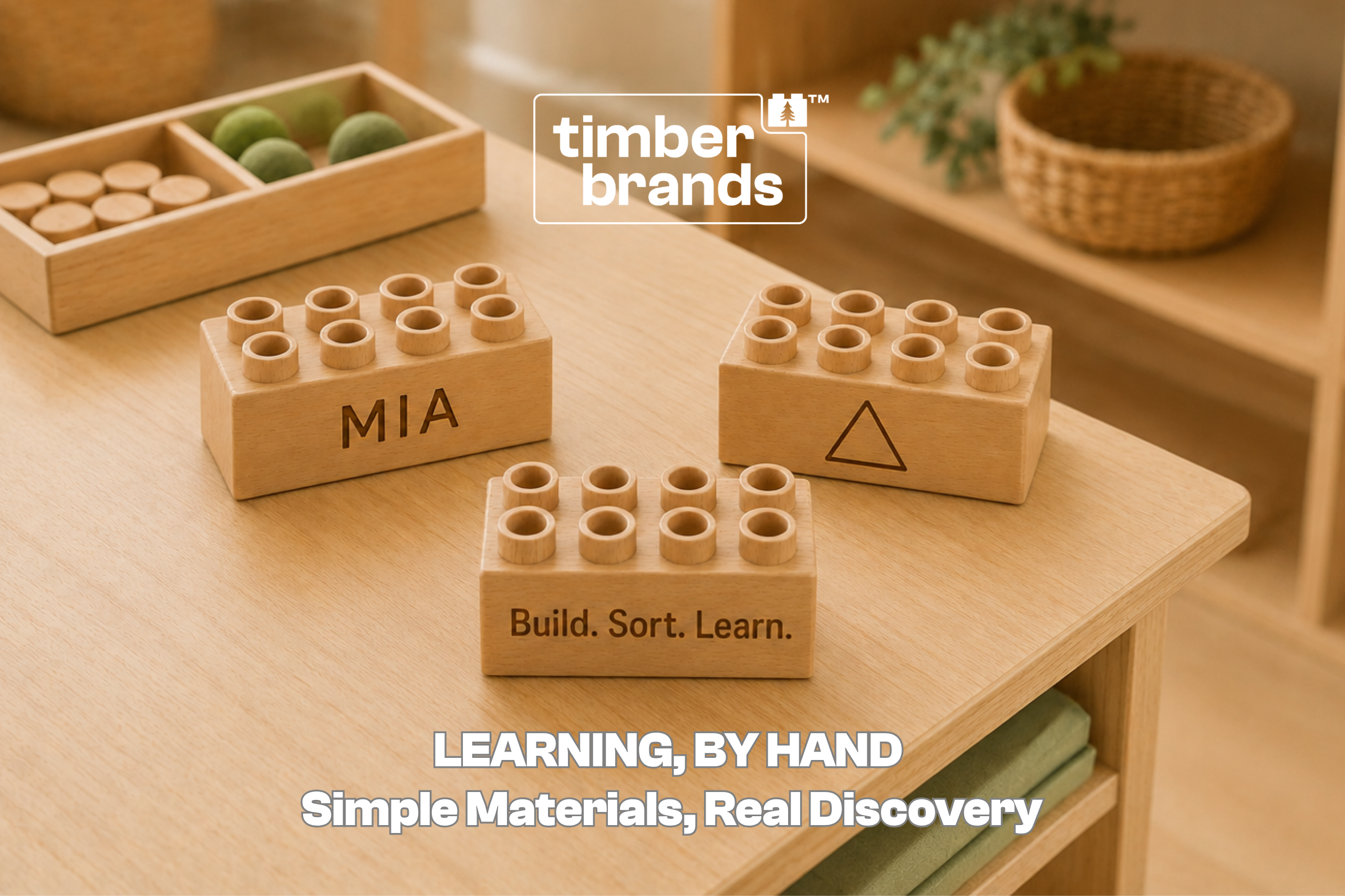 Engraved wooden Plus bricks with hollow studs reading "Mia," a triangle shape, and "Build. Sort. Learn." for Montessori classroom materials.