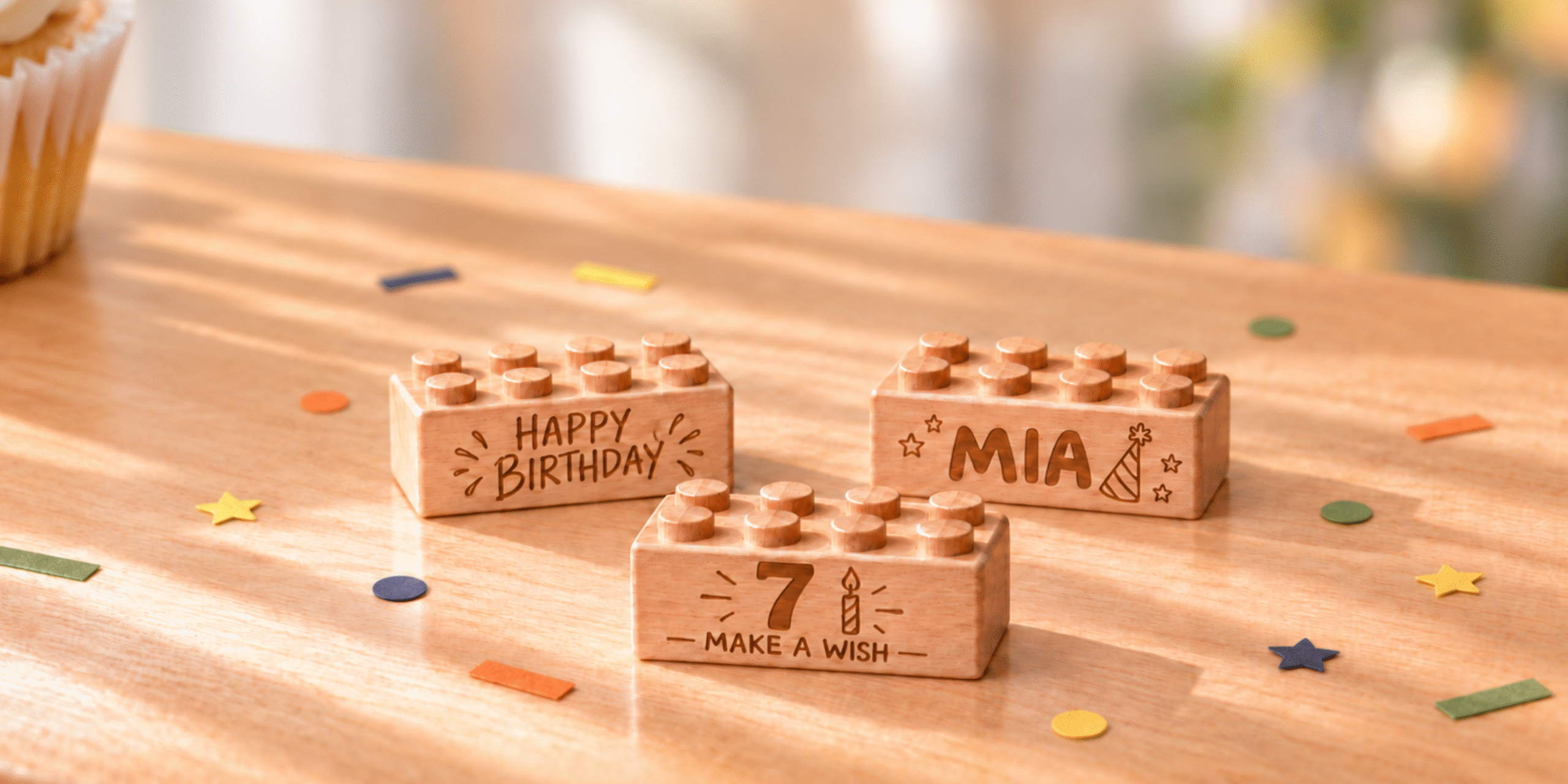 Three wooden birthday bricks engraved with Happy Birthday, Mia, and 7 Make a Wish, displayed with colorful confetti on a wooden table.
