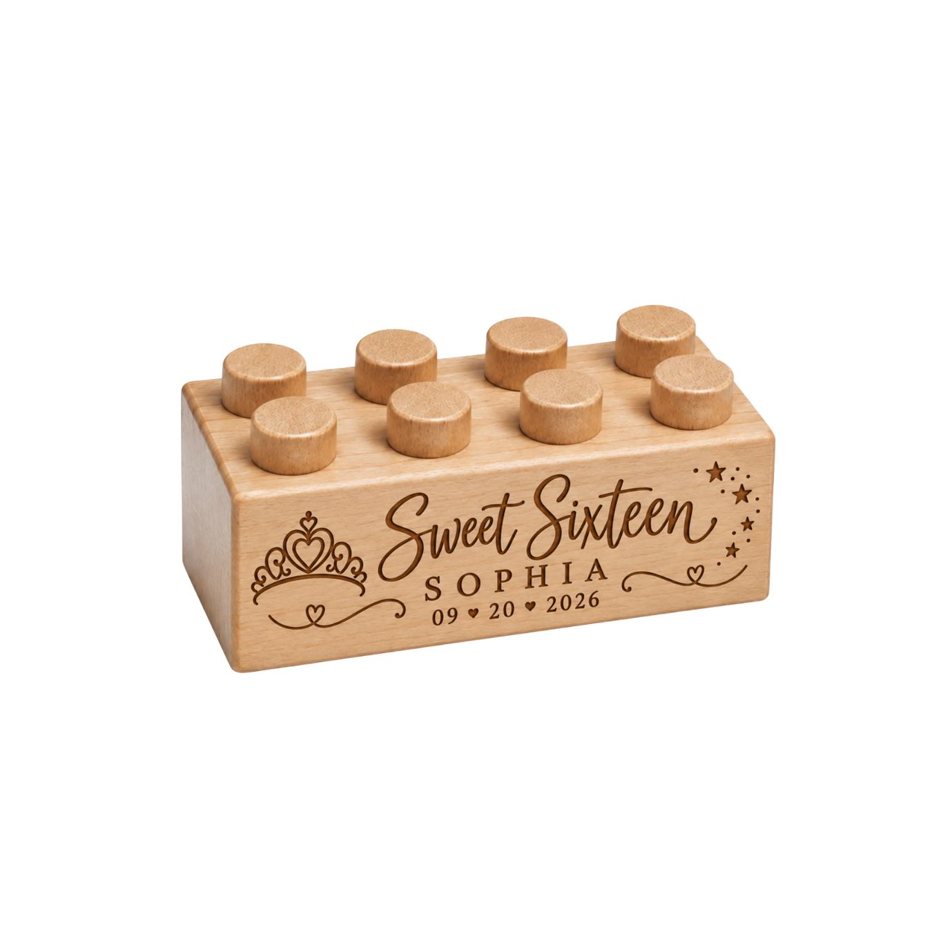 Wooden birthday brick engraved with Sweet Sixteen, Sophia, and September 20, 2026, with a tiara, hearts, and stars.