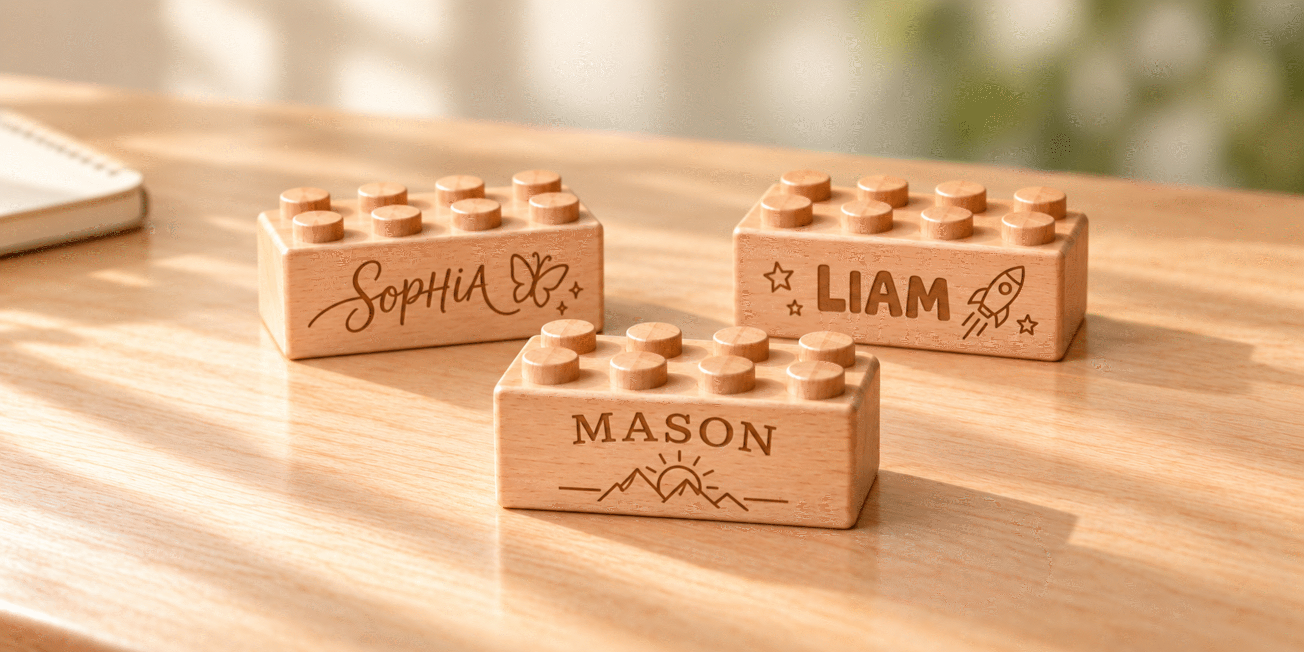 Three wooden bricks engraved with Sophia and a butterfly, Liam and a rocket, and Mason with mountains on a sunlit wooden table.