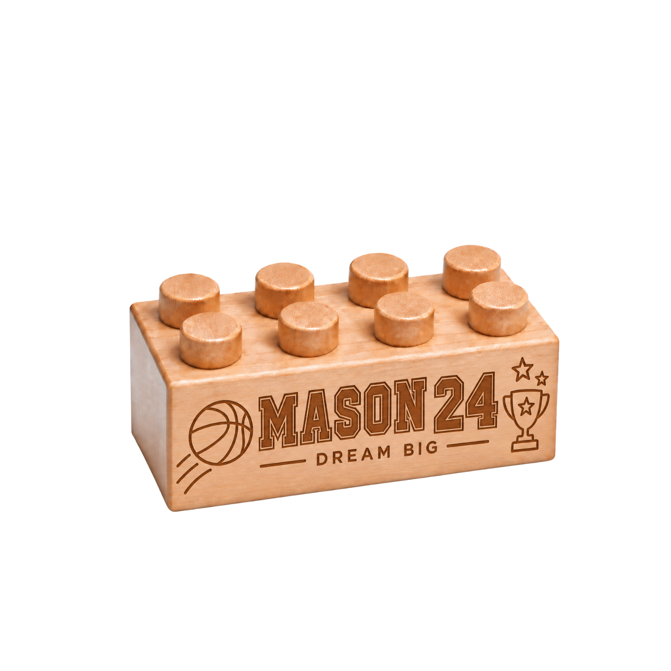 Wooden name brick engraved with Mason 24 and Dream Big, with a basketball, trophy, and stars.