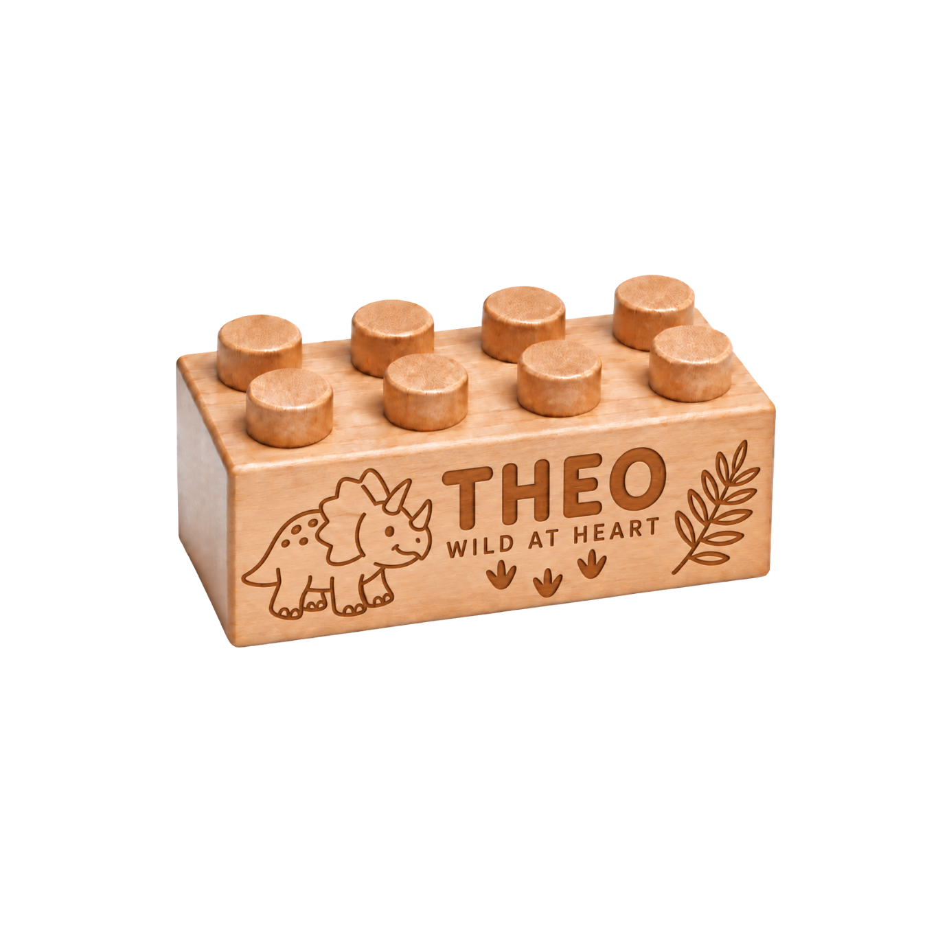 Wooden name brick engraved with Theo and Wild at Heart, with a triceratops, leafy branch, and footprints.