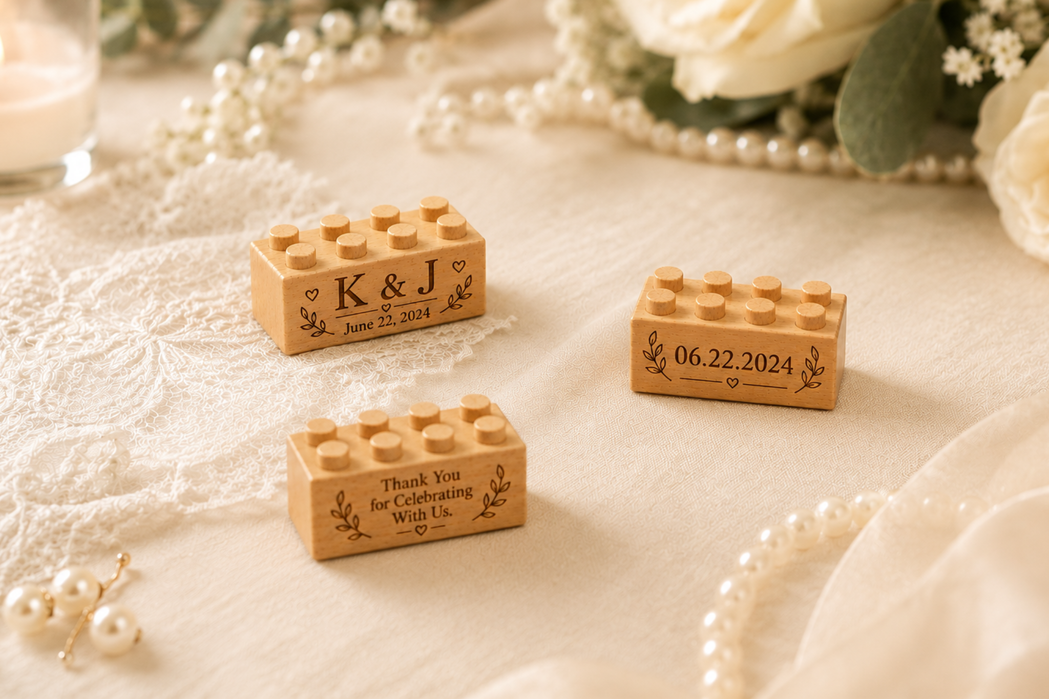 Three wooden wedding favor bricks engraved with K & J, a wedding date, and Thank You for Celebrating With Us, on ivory lace beside pearls and white flowers.