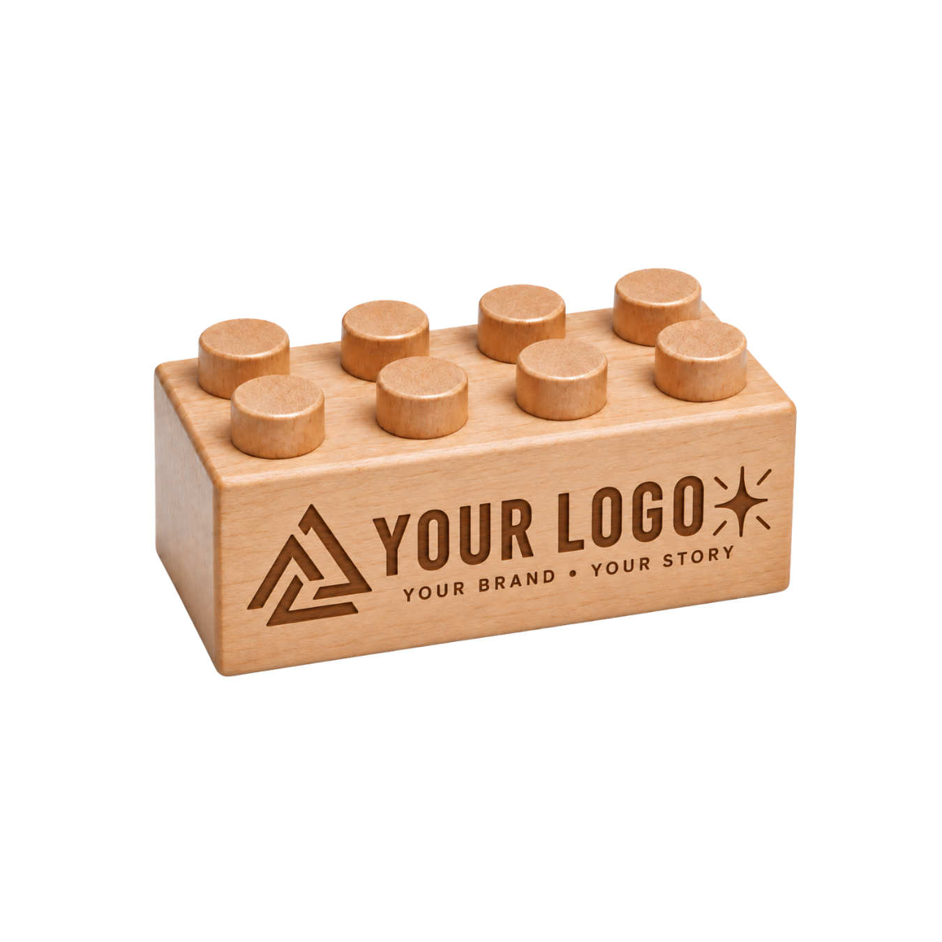 Wooden brick with a custom brand engraving design.