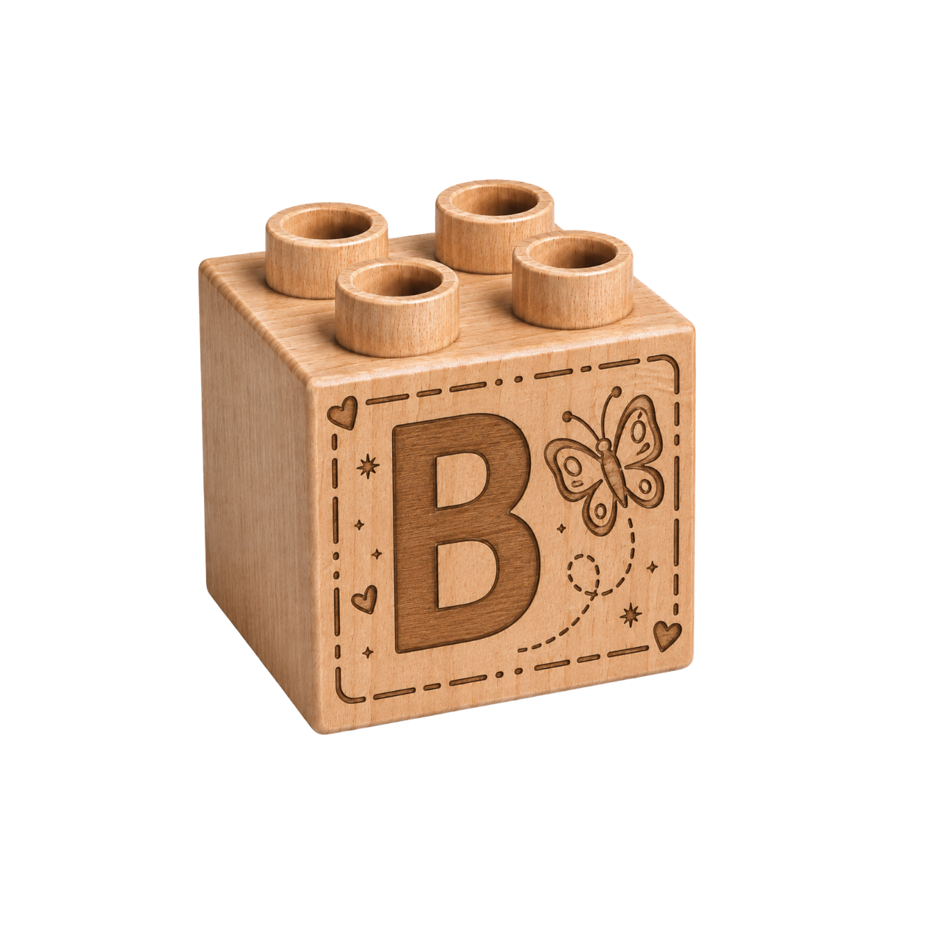 Plus 2×2 wooden brick engraved with the letter B and a butterfly.