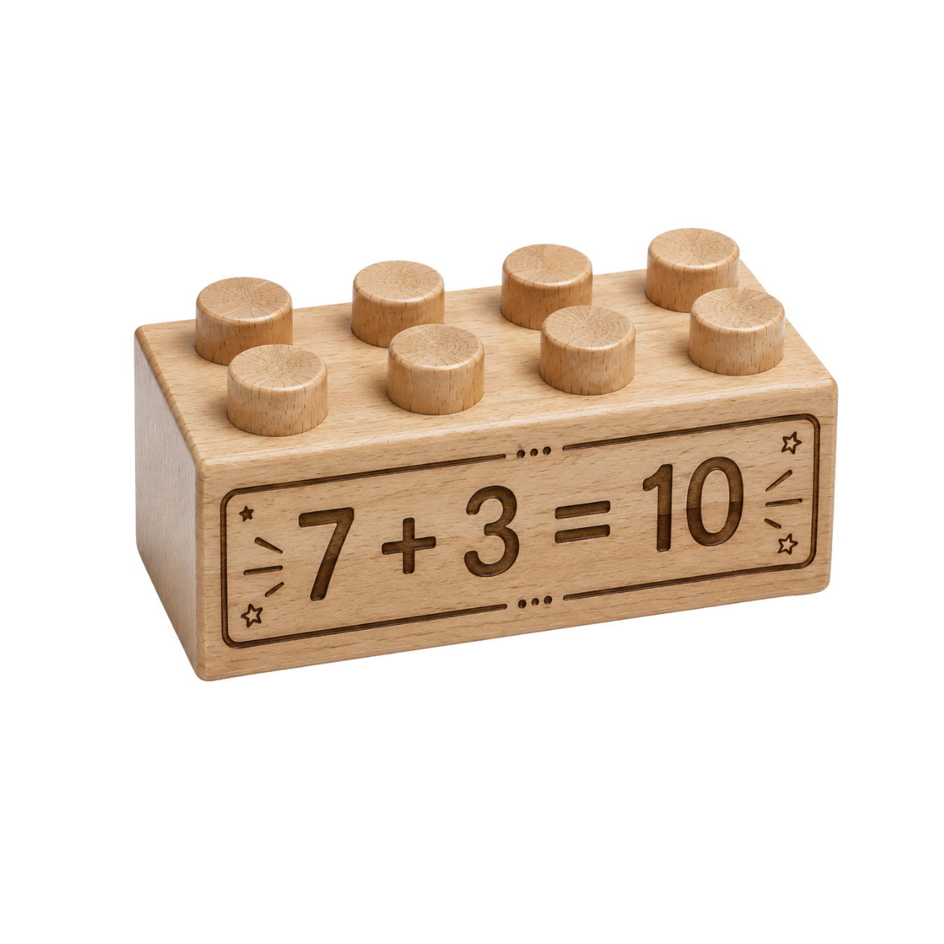 Wooden brick engraved with the equation 7 + 3 = 10 and a decorative border.