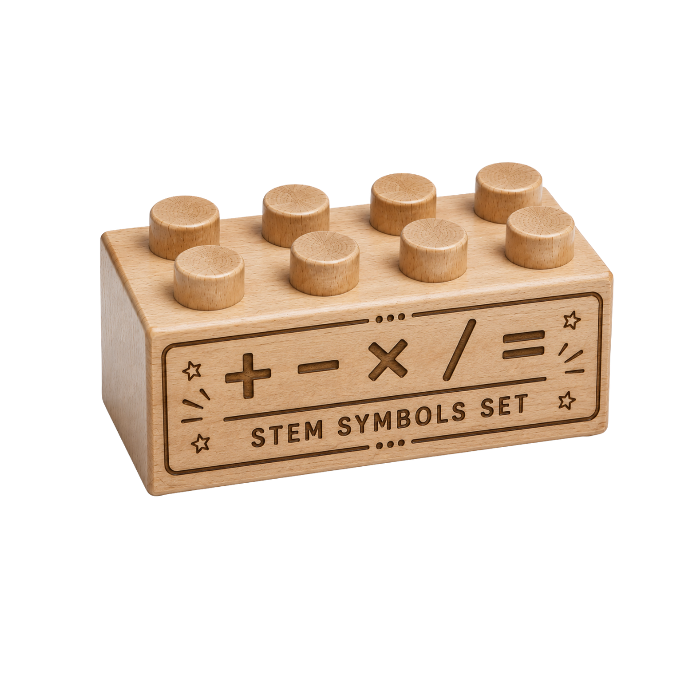 Wooden brick engraved with plus, minus, multiplication, division, and equals symbols above the words STEM Symbols Set.