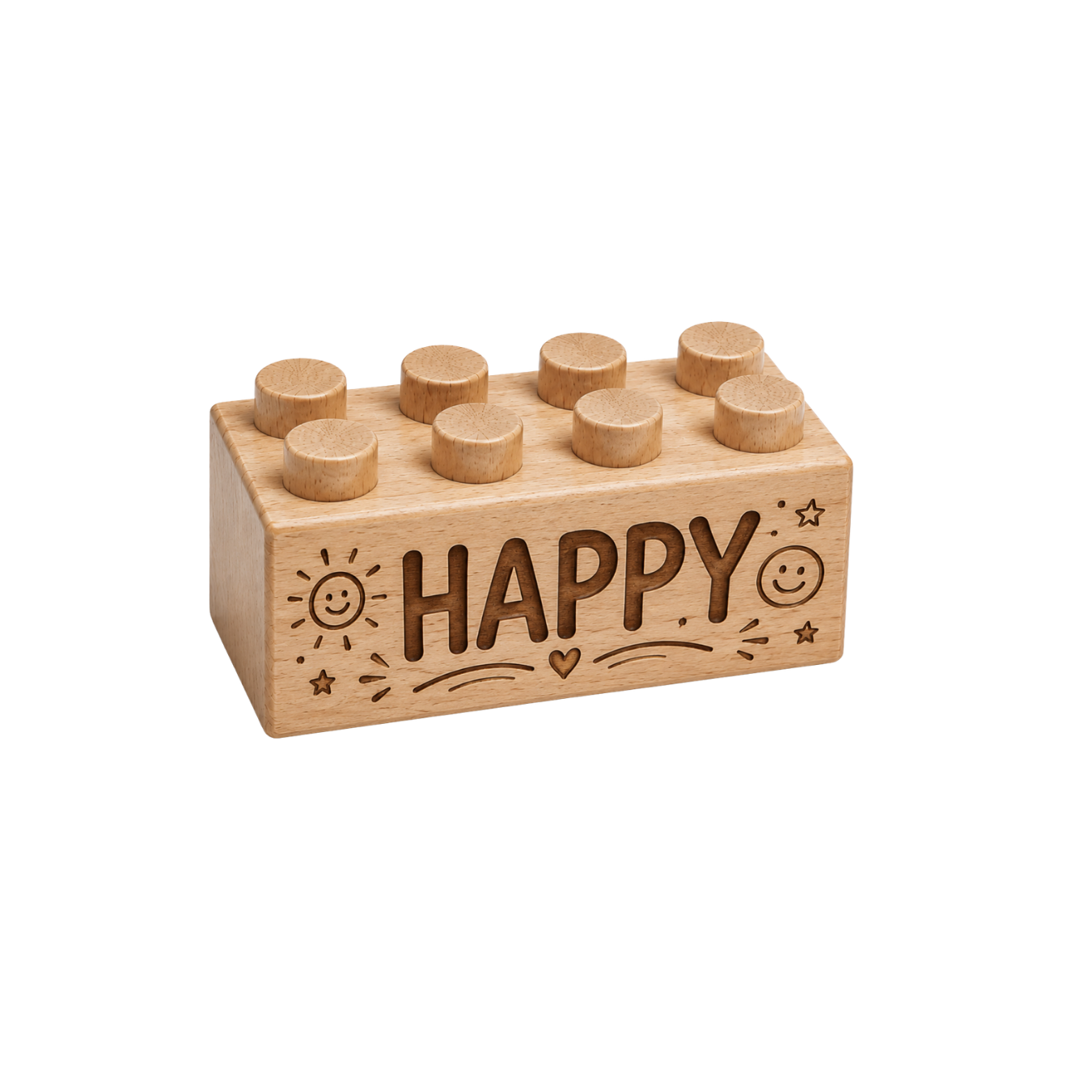 Wooden brick engraved with Happy, a smiling sun, a smiley face, stars, and a heart.