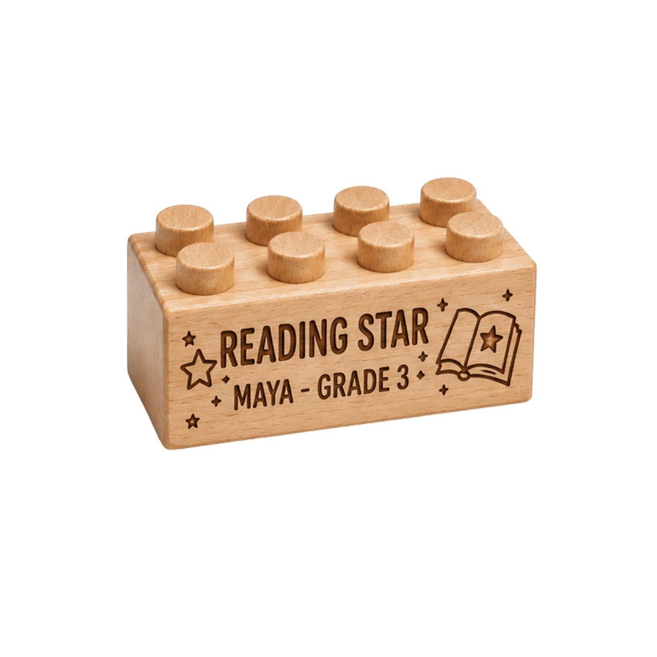 Wooden award brick engraved with Reading Star, Maya – Grade 3, stars, and an open book.