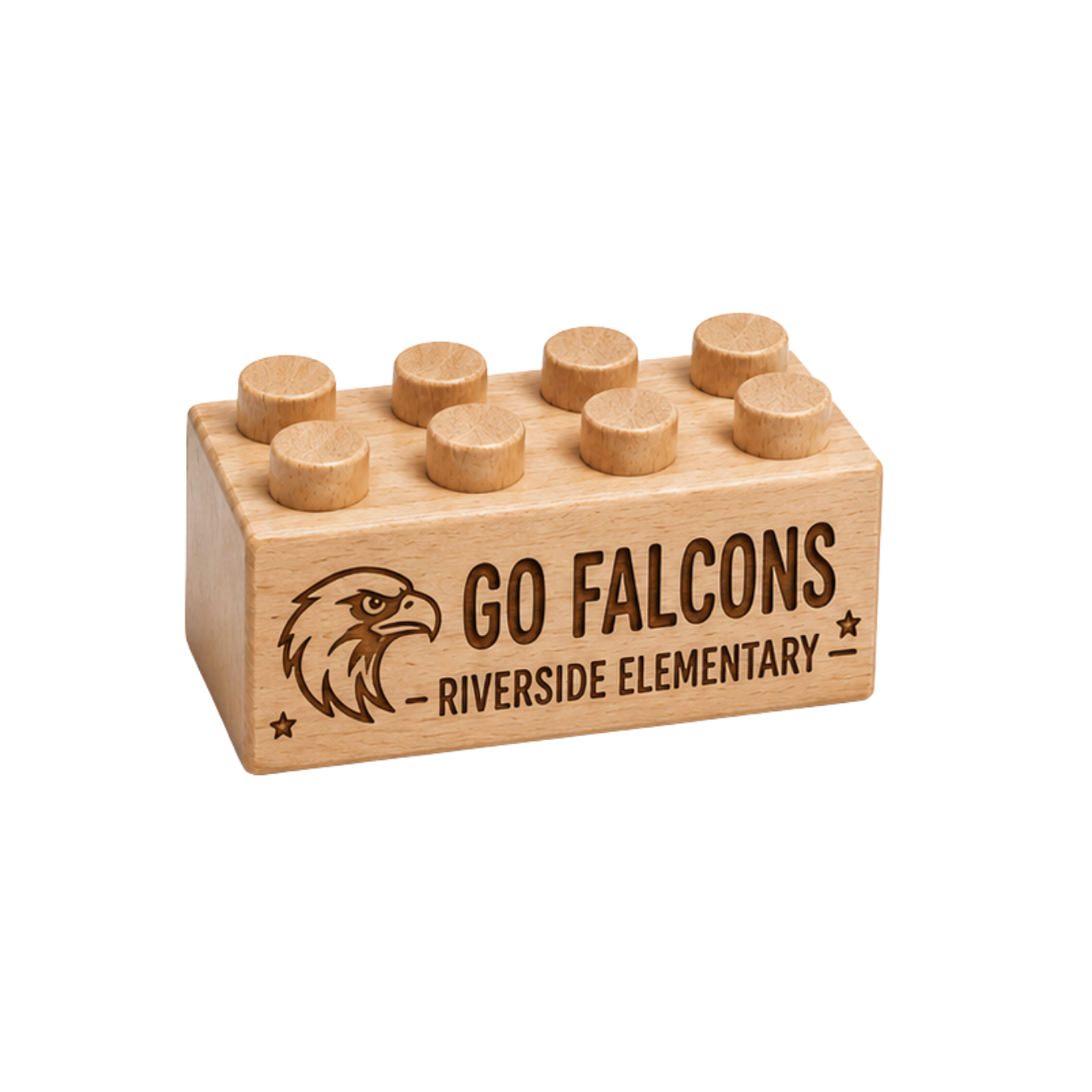 Wooden brick engraved with Go Falcons, Riverside Elementary, and a falcon mascot.