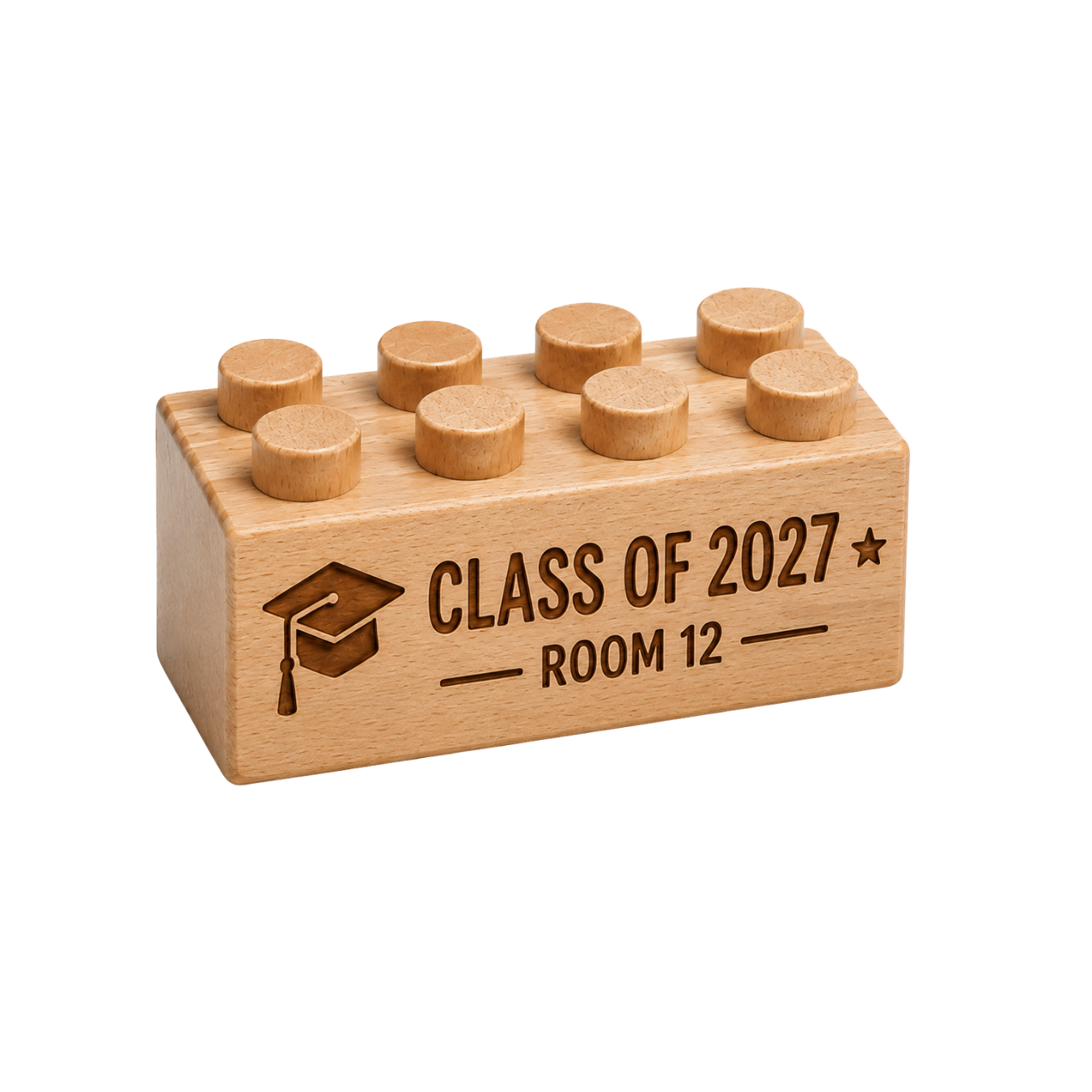 Wooden brick engraved with Class of 2027, Room 12, and a graduation cap.