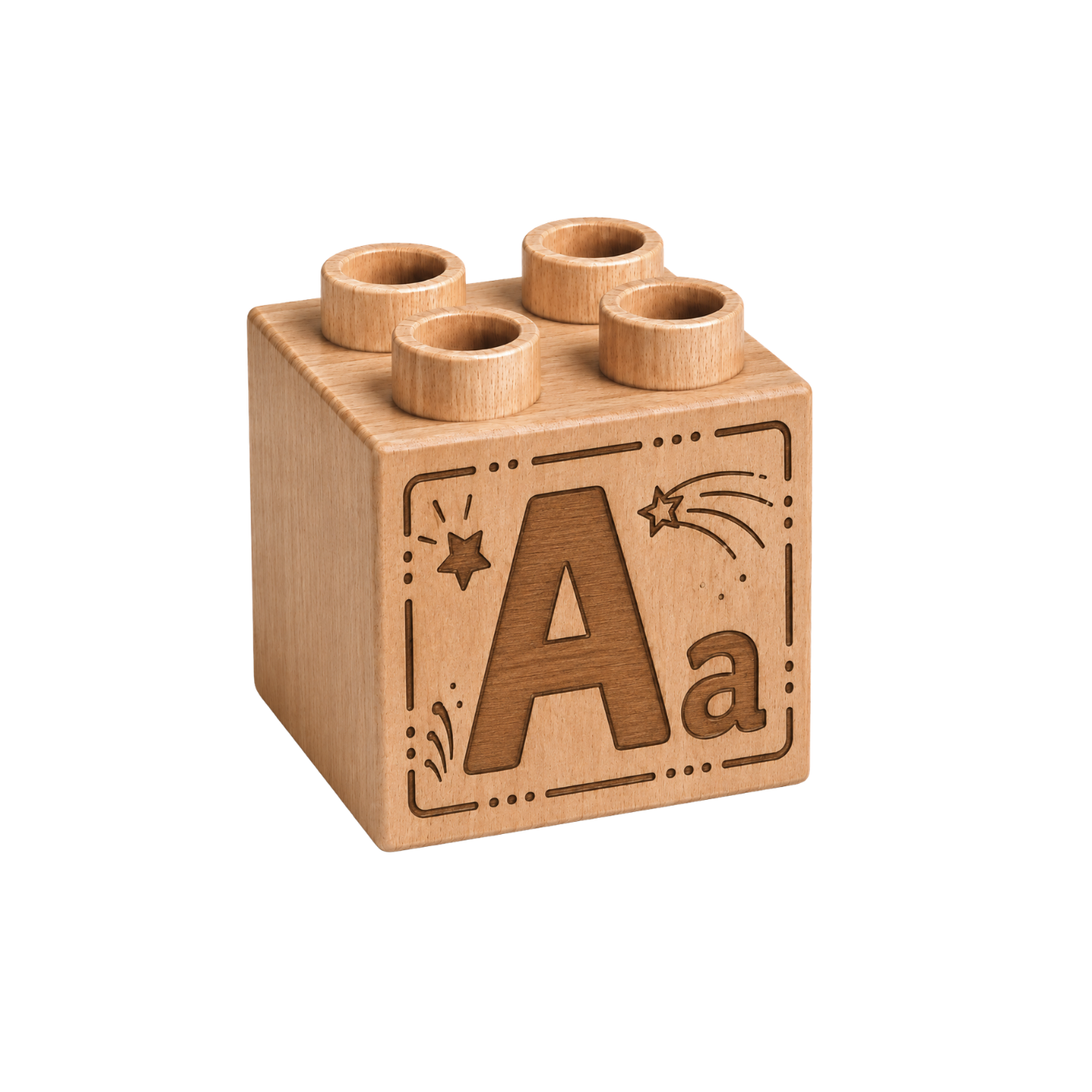 Plus 2×2 wooden brick engraved with uppercase A, lowercase a, and stars.