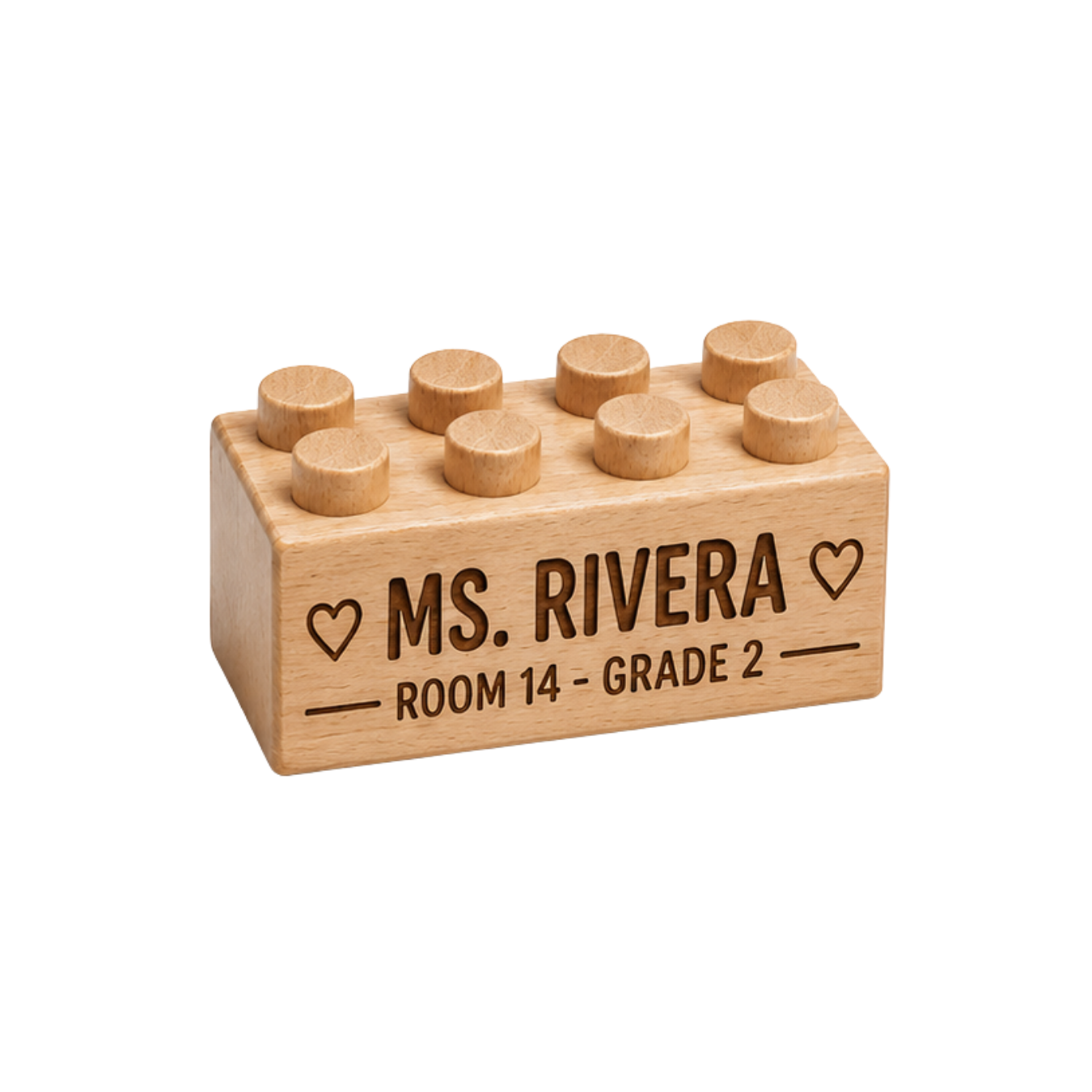 Example teacher appreciation engraving on a wooden brick.