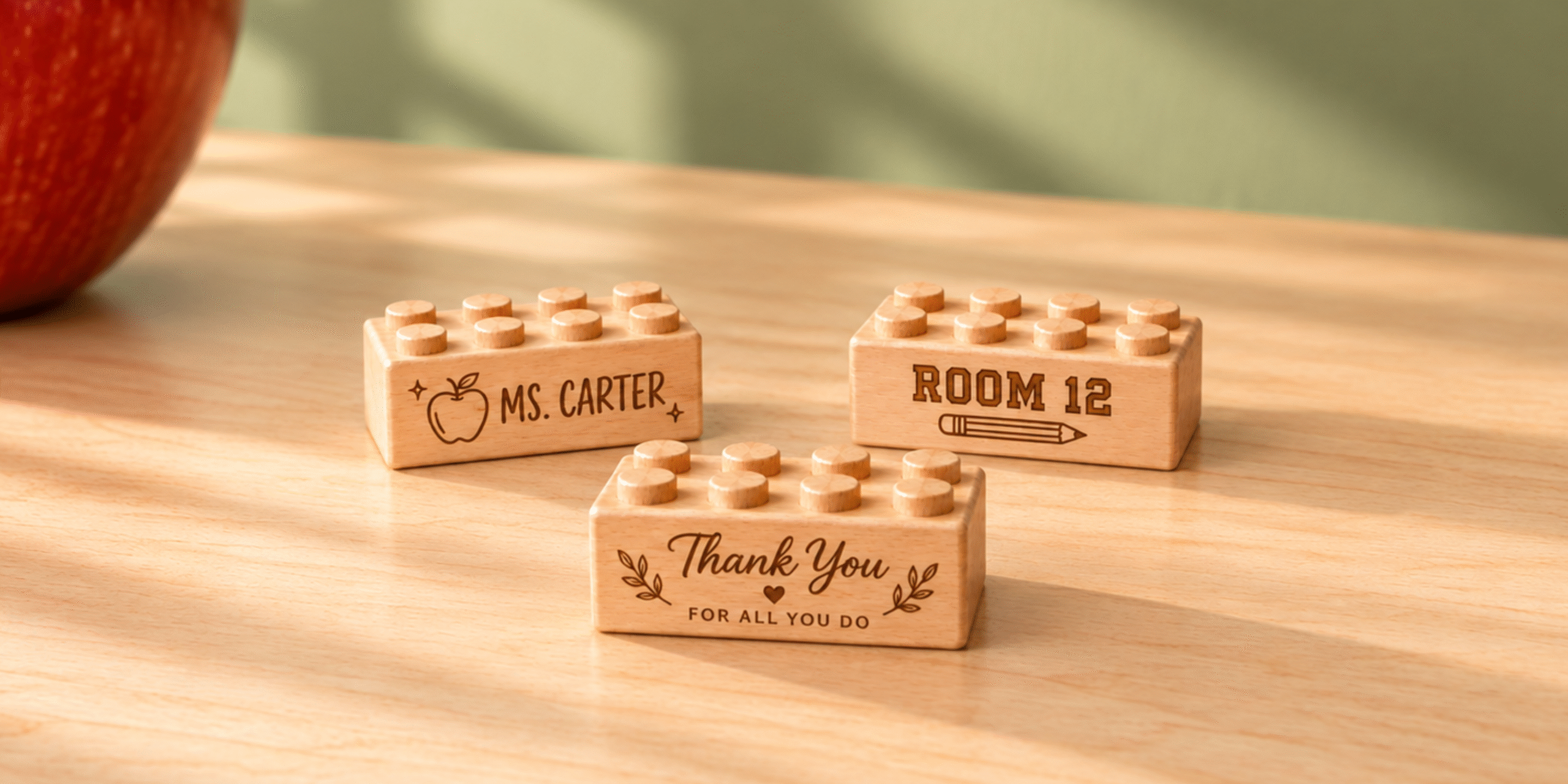 Three wooden bricks engraved with Ms. Carter, Room 12, and Thank You for All You Do on a desk beside an apple.