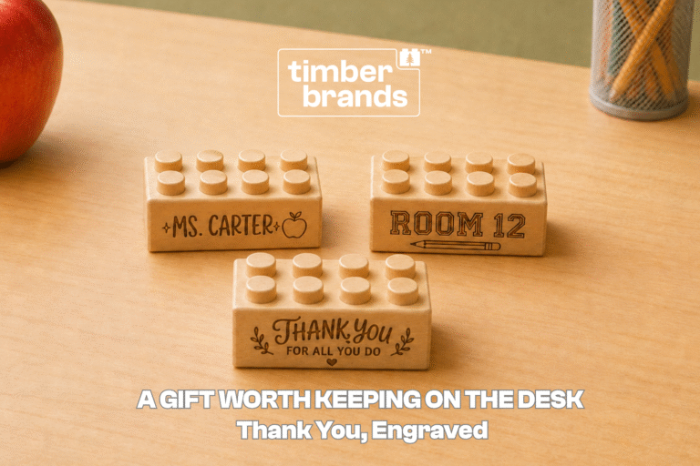 Engraved wooden bricks reading "Ms. Carter," "Room 12," and "Thank You for All You Do" for teacher appreciation gifts.