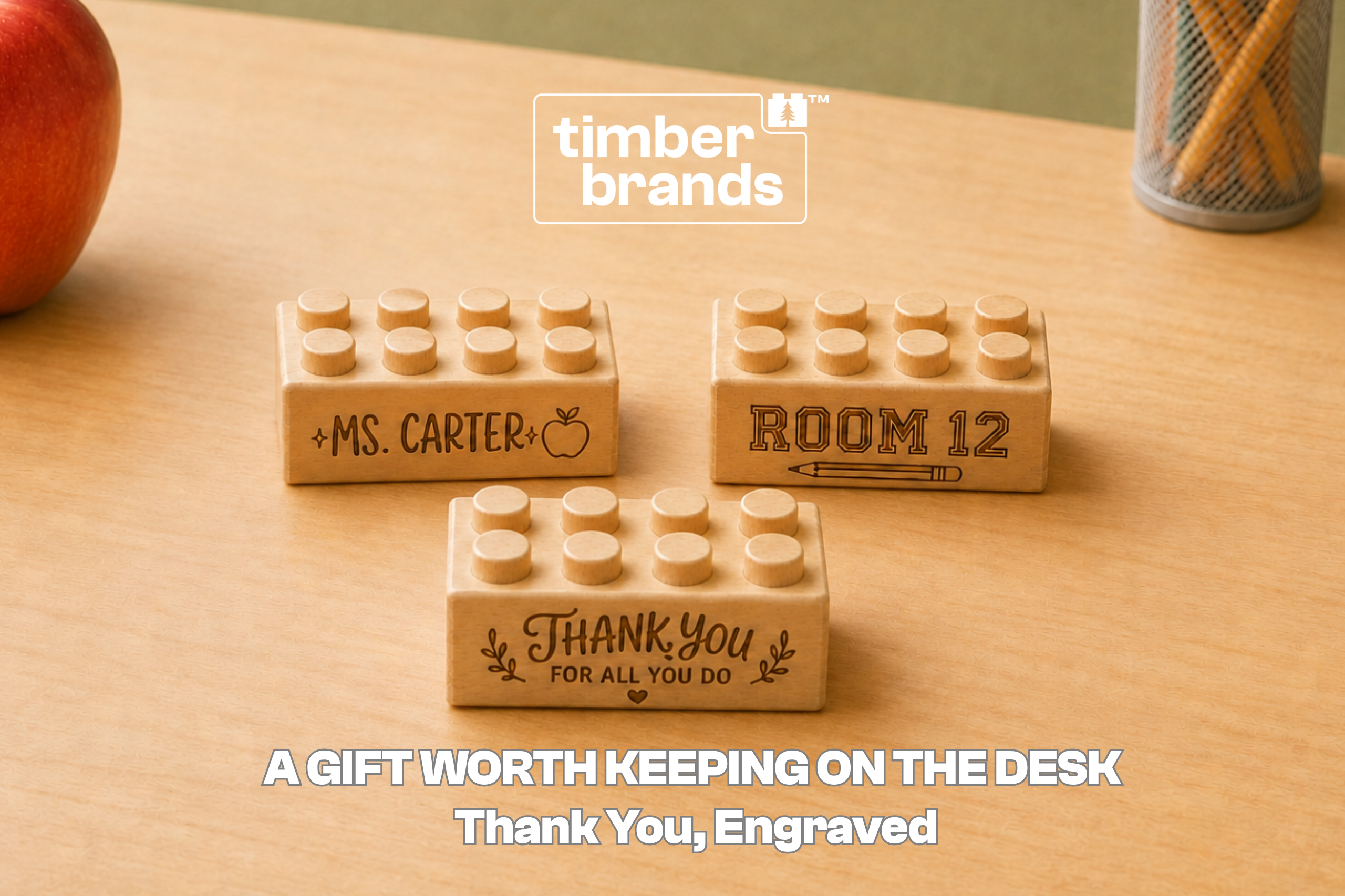 Engraved wooden bricks reading "Ms. Carter," "Room 12," and "Thank You for All You Do" for teacher appreciation gifts.