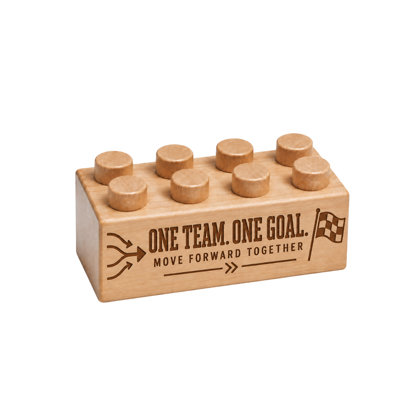 Wooden brick engraved with One Team. One Goal., Move Forward Together, directional arrows, and a checkered flag.