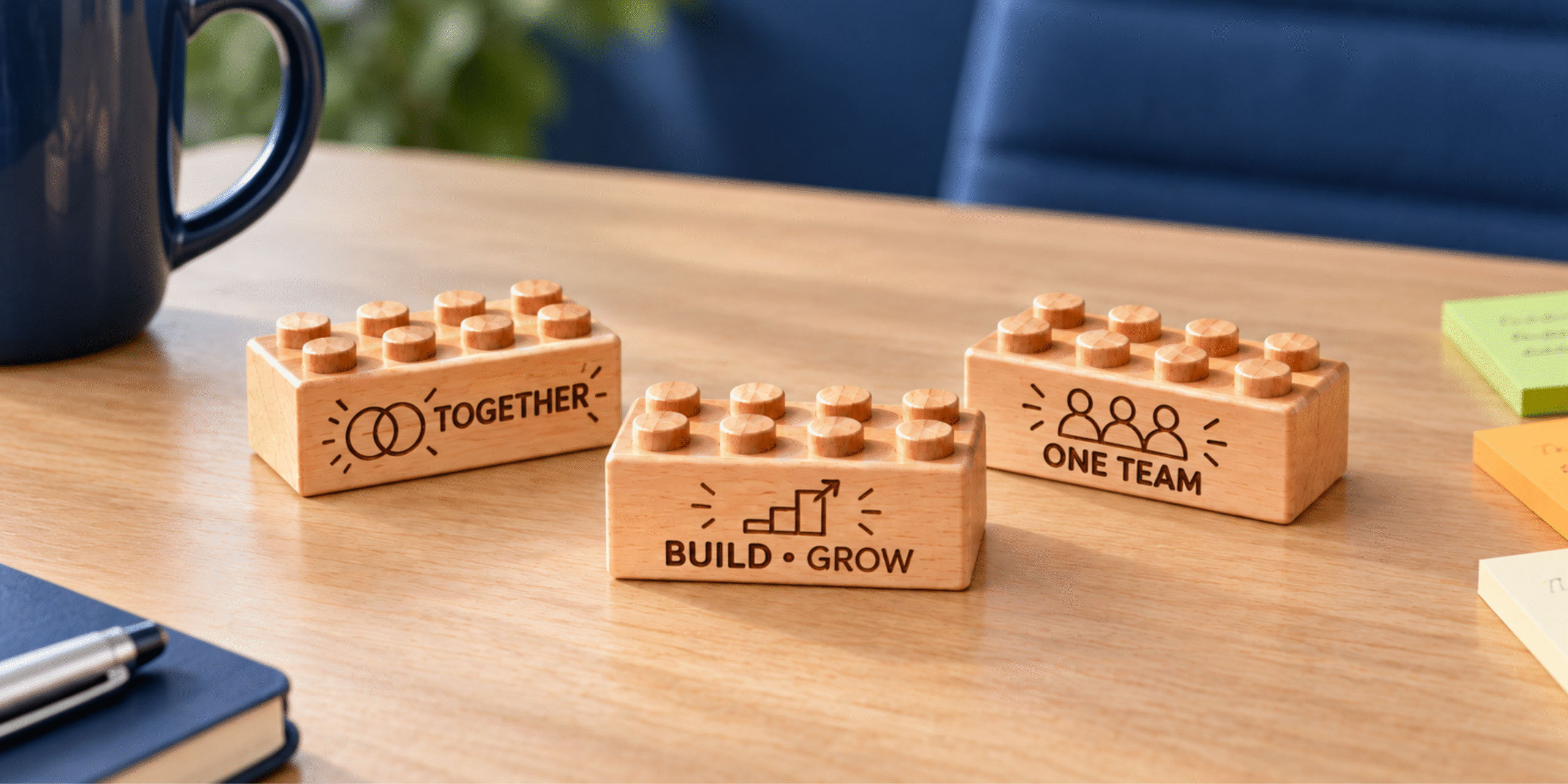 Three wooden bricks engraved with Together, Build Grow, and One Team on an office desk beside a mug and notebook.