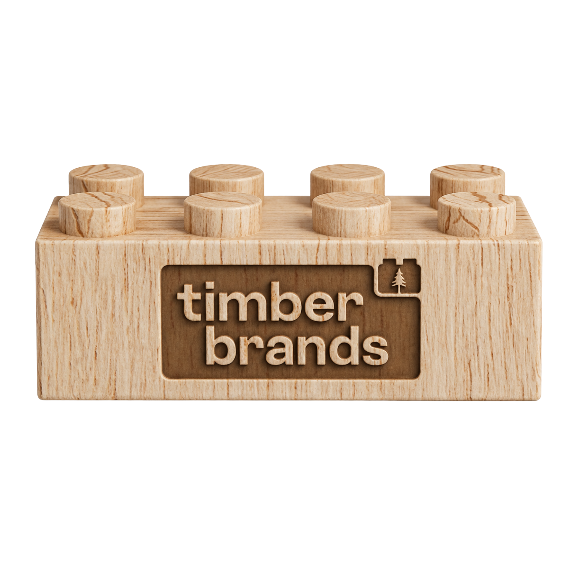 Natural wooden building brick with eight studs and the Timber Brands logo engraved on the front.