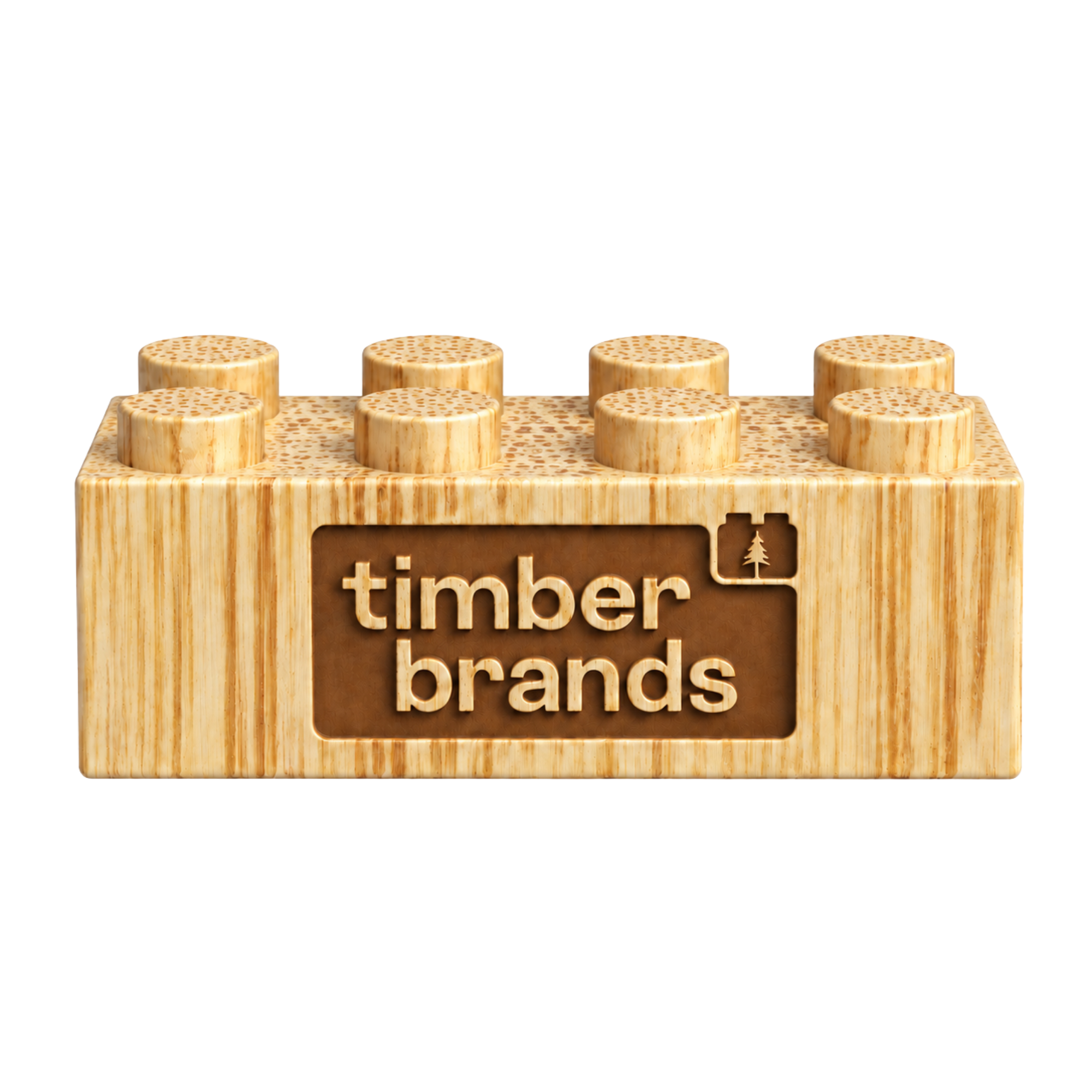 Bamboo building brick with eight studs and an engraved Timber Brands logo.