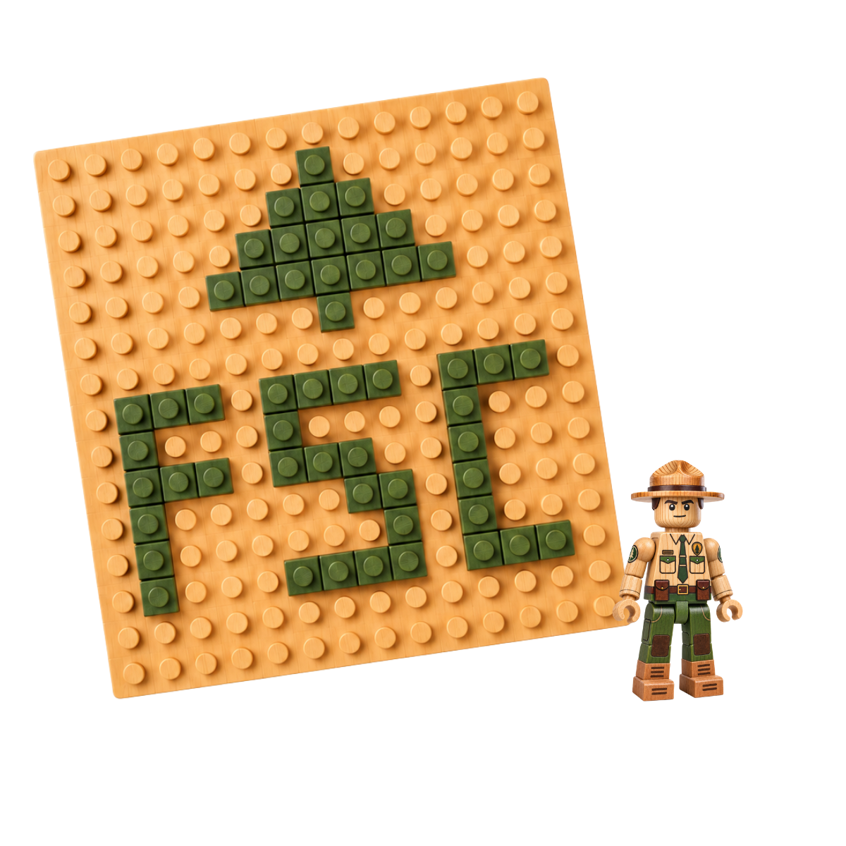 Wooden baseplate with green bricks forming a tree and FSC lettering, beside a forest ranger Timber Figure.