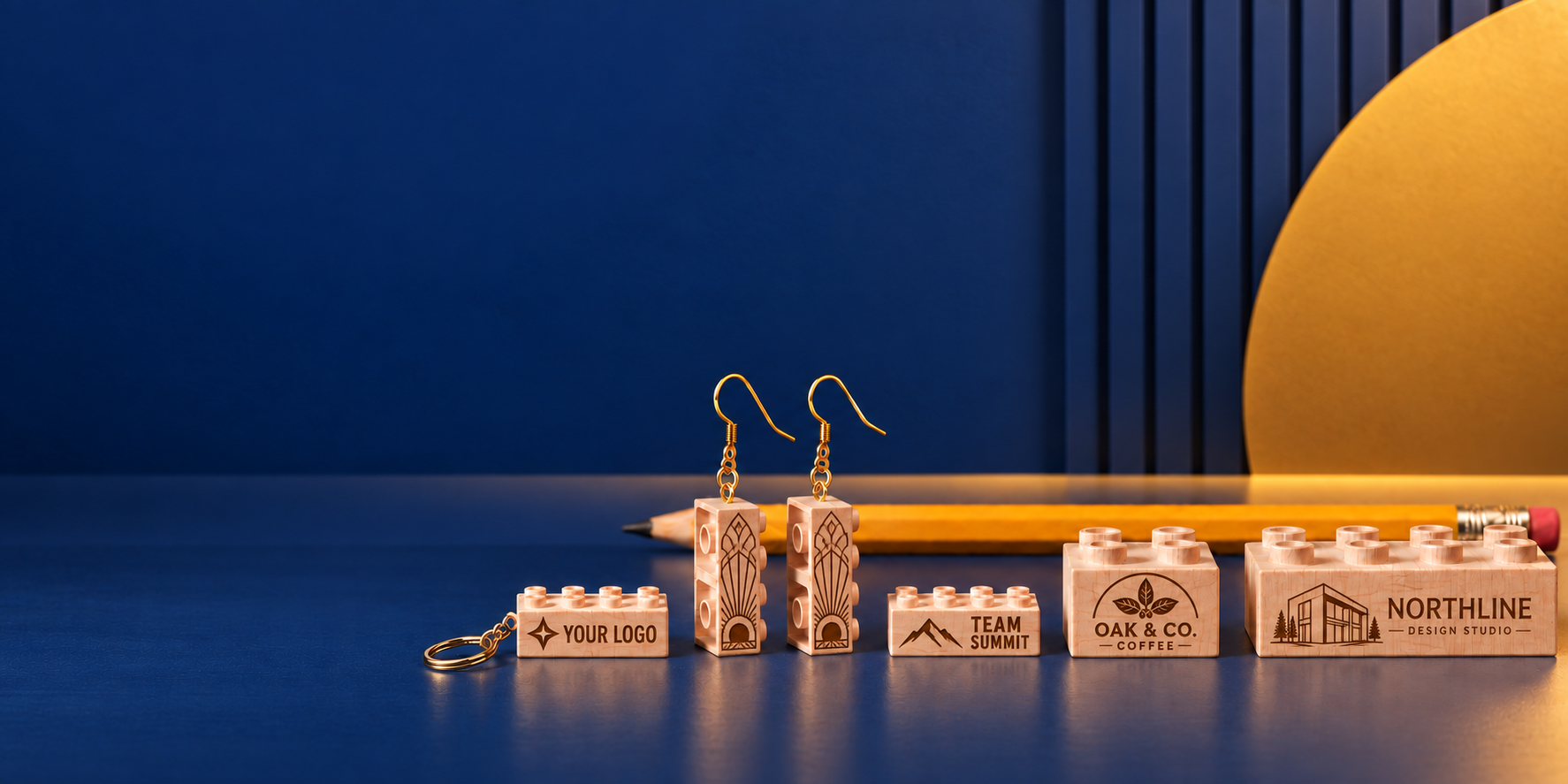 Custom wooden bricks with business logos, a branded wooden keychain, and engraved wooden earrings.